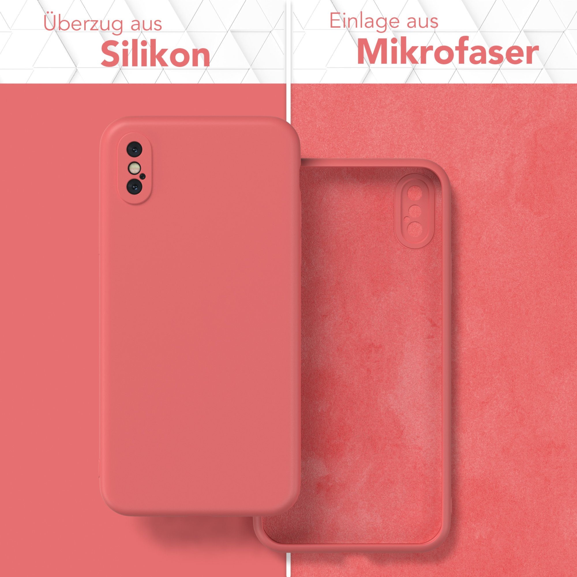 Handyhülle, zweigeteilt, Silikon außen, Mikrofaser innen, rosa Farbe.