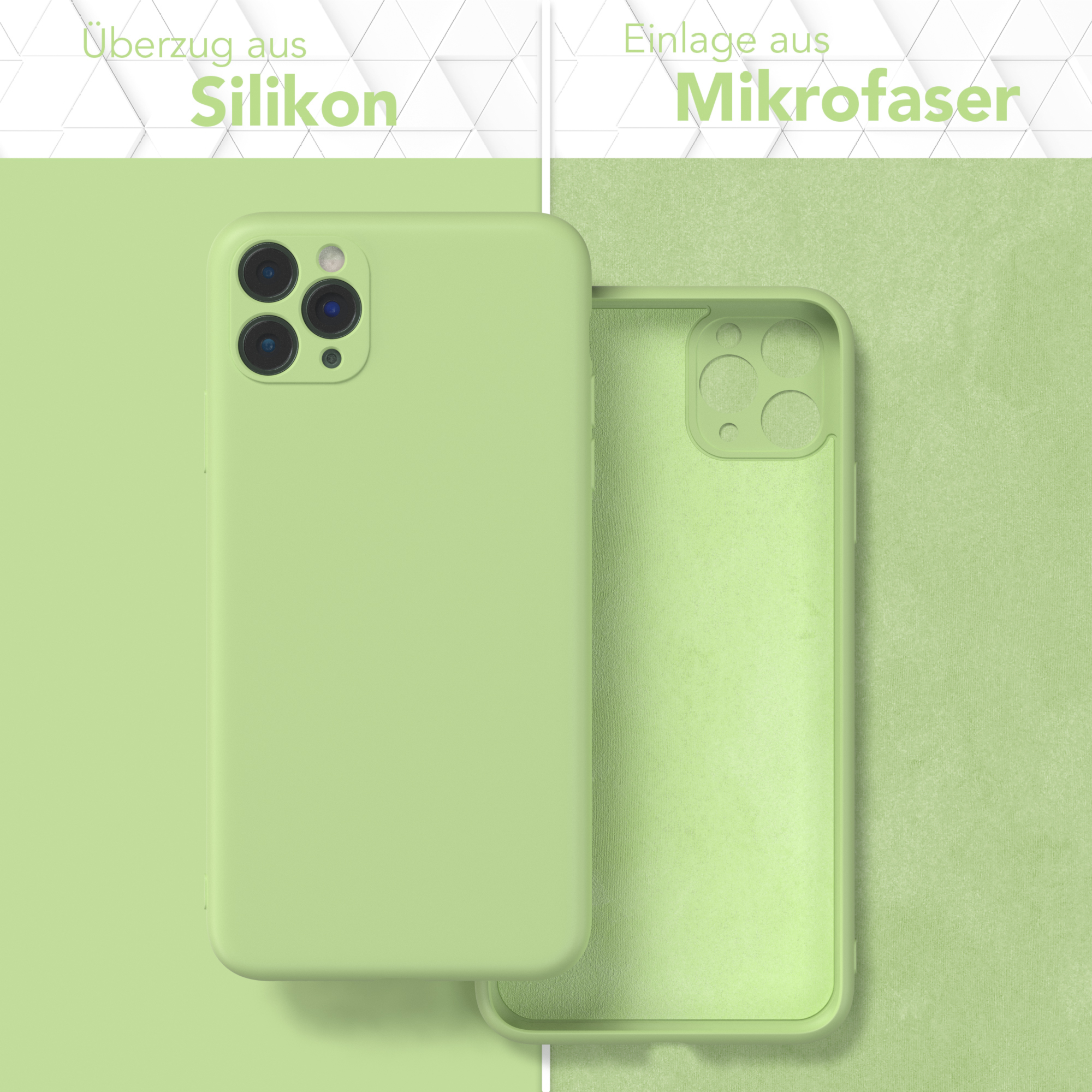 Grüne Handyhülle, geöffnet, Innenansicht. Text: Überzug aus Silikon, Einlage aus Mikrofaser.
