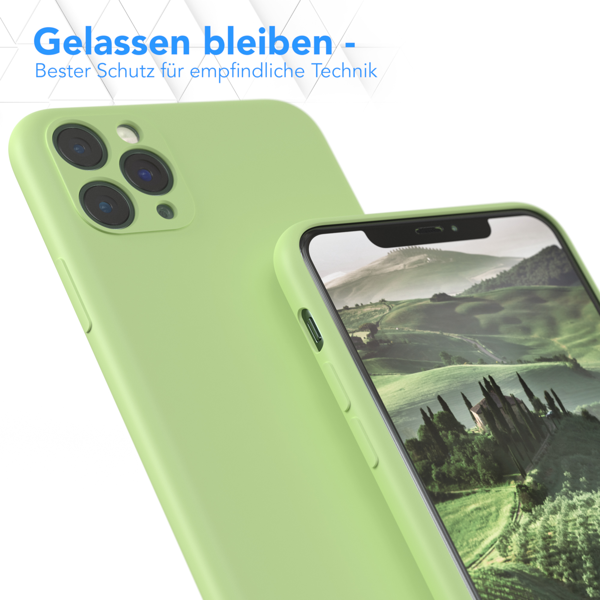 Eine grüne Handyhülle und ein Telefon sind abgebildet, mit einer Berglandschaft auf dem Bildschirm. Text oben.
