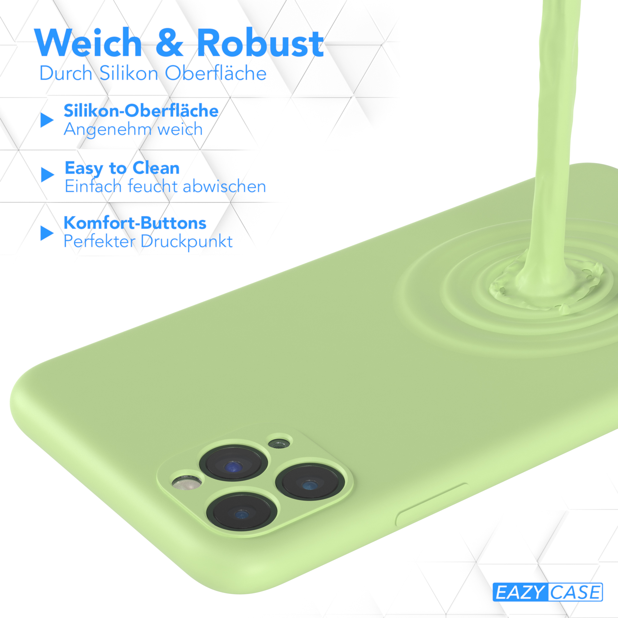 Grüne Handyhülle mit Flüssigkeitseffekt. Text: 'Weich & Robust', 'Silikon-Oberfläche', 'Easy to Clean'.