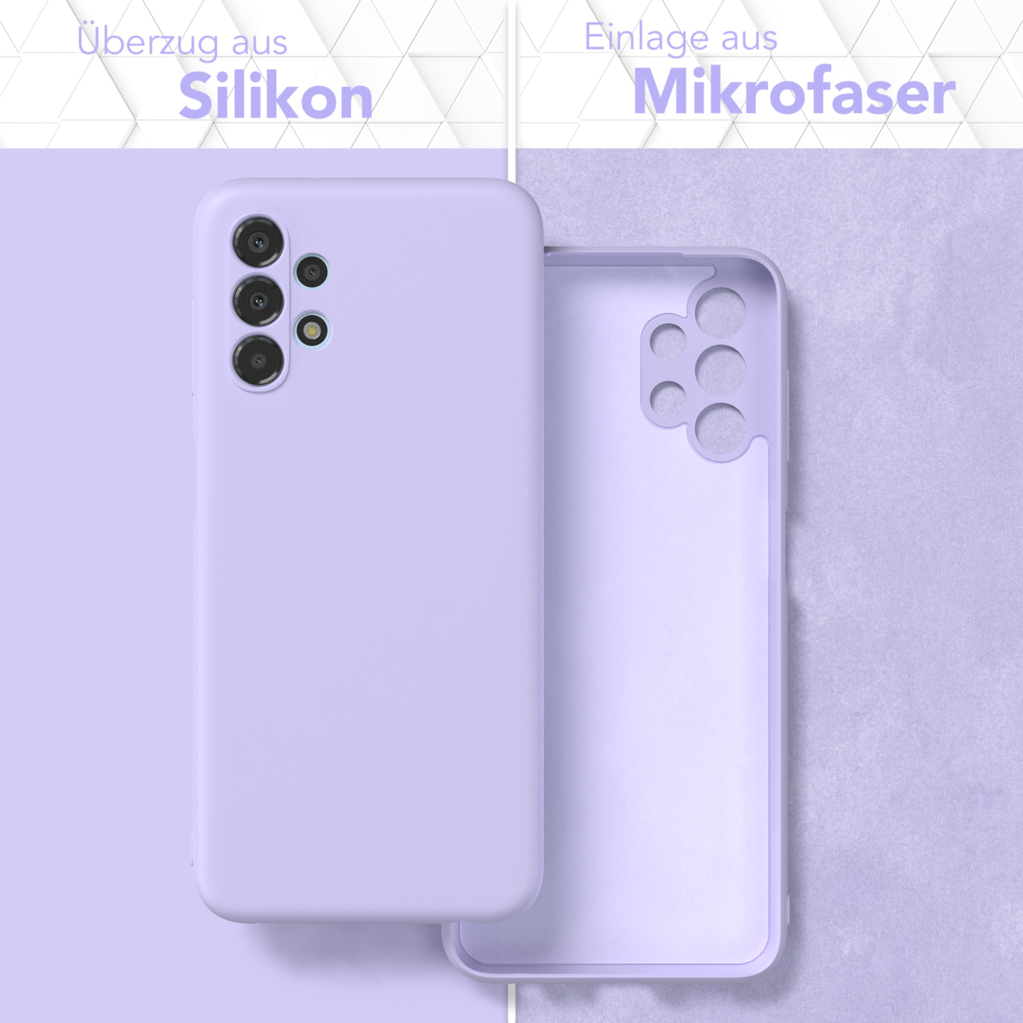 Zwei Handyhüllen: eine ist auf dem Telefon und eine ist separat. Beide sind hellviolett. Text sagt Silikon und Mikrofaser.