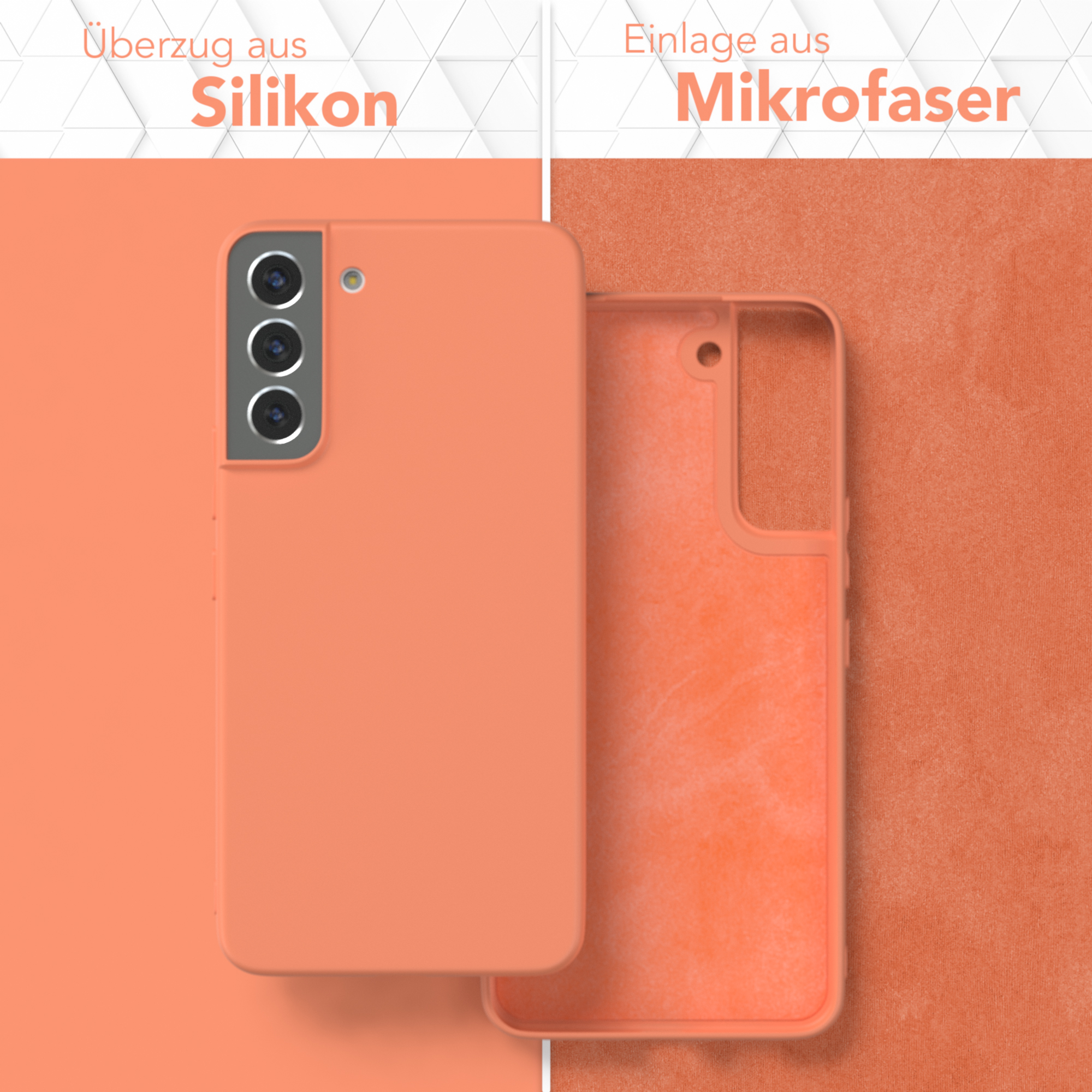 Zwei Handyhüllen, orange. Die linke zeigt die Hülle, die rechte zeigt die Innenseite mit Mikrofaser.