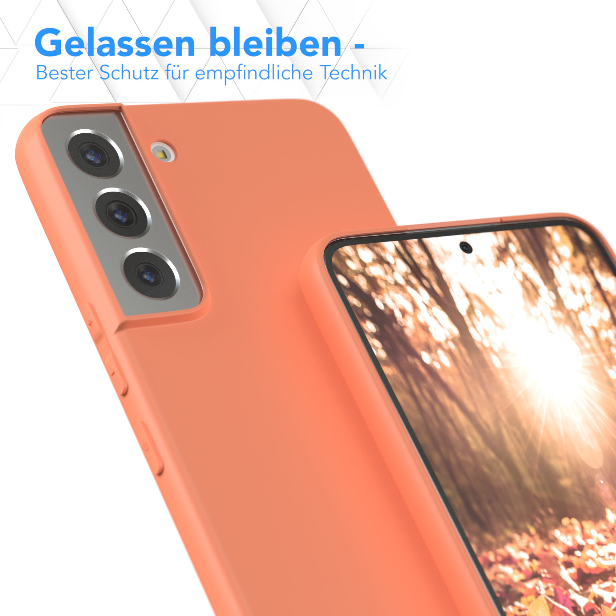 Orange Handyhülle auf einem Telefon, Nahaufnahme. Deutscher Text.