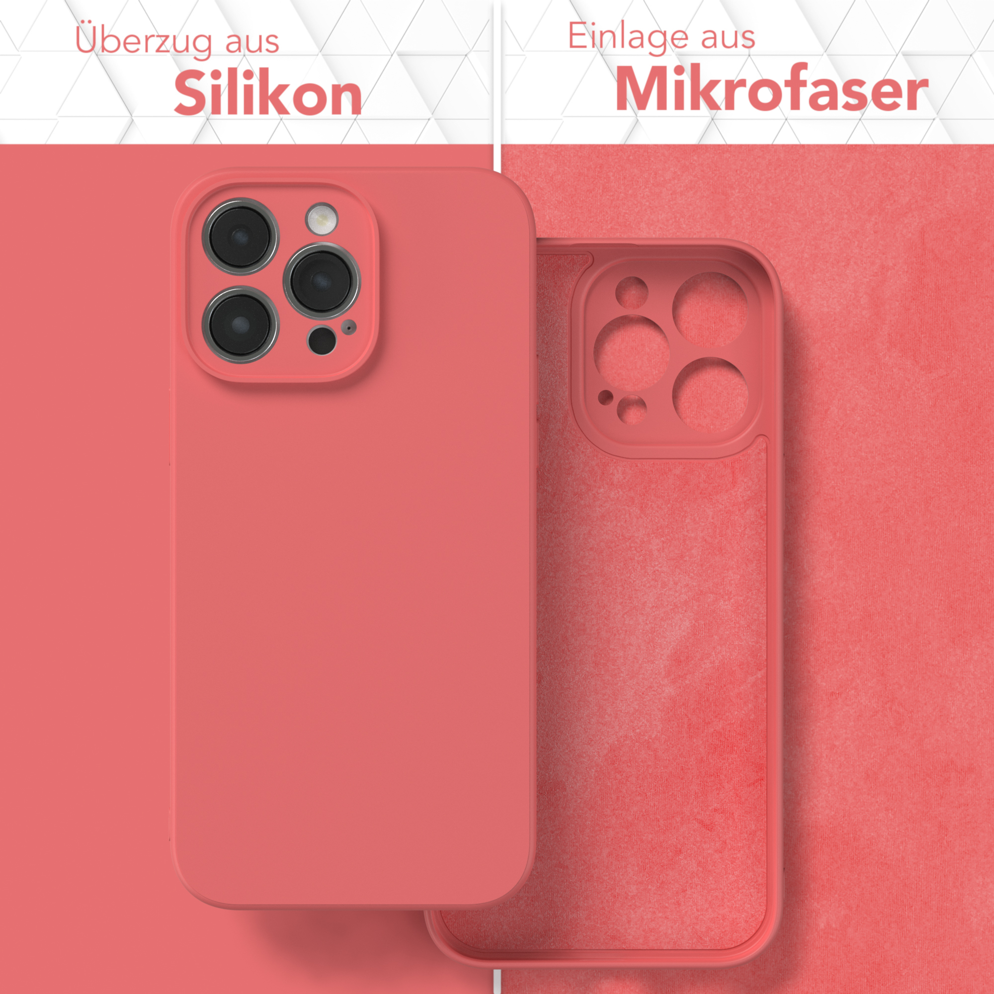 Eine korallenfarbene Handyhülle mit einem Telefon links und die Innenseite der Handyhülle rechts.