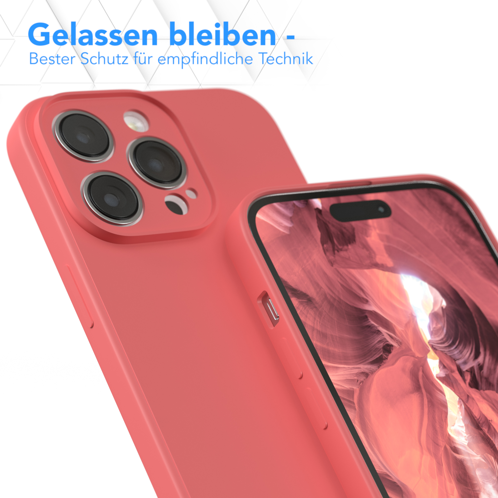 Nahaufnahme einer korallenfarbenen Handyhülle mit Kameraaussparung, mit Text über den Schutz.