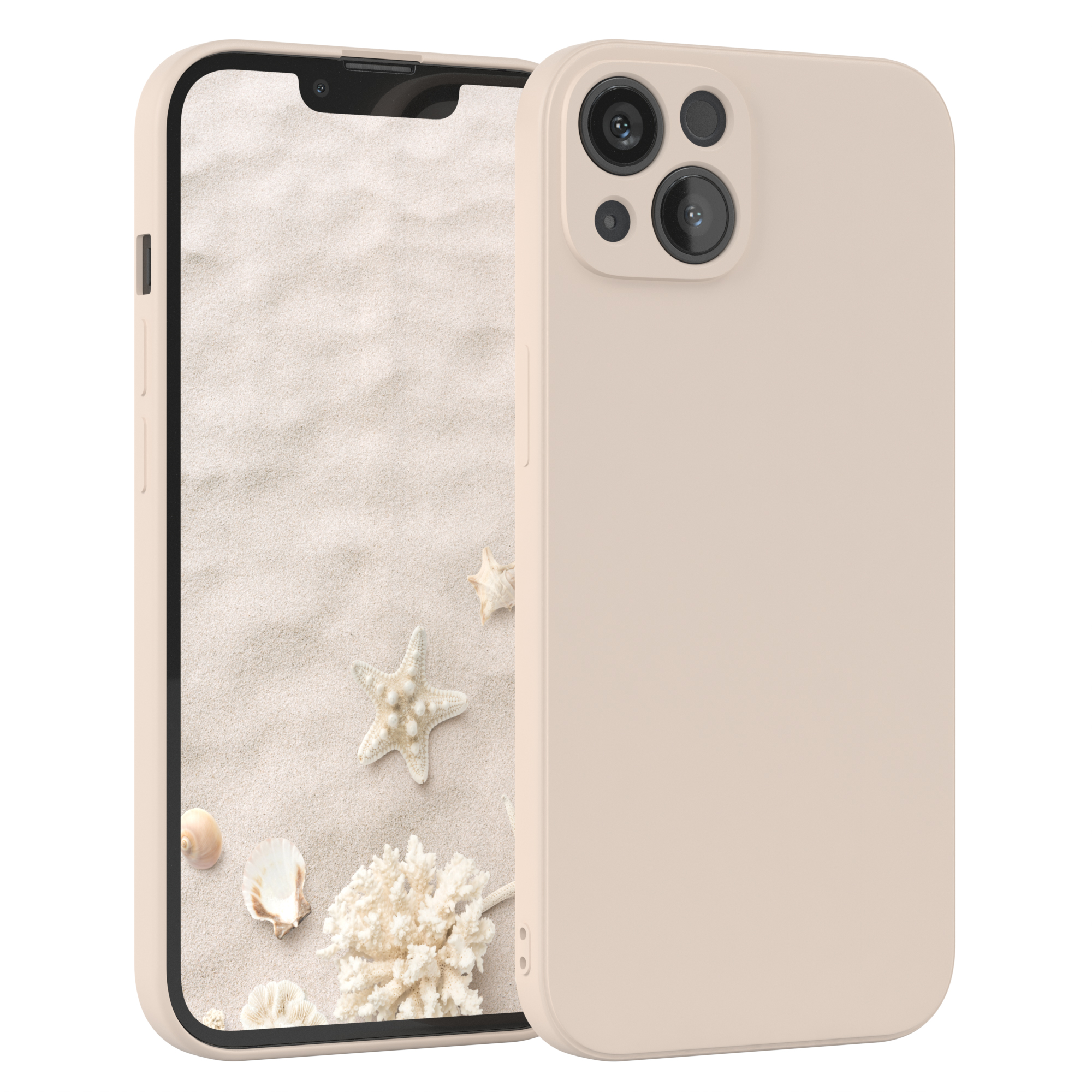 Handyhülle, beige. Telefon mit Strandbild. Weißer Hintergrund.