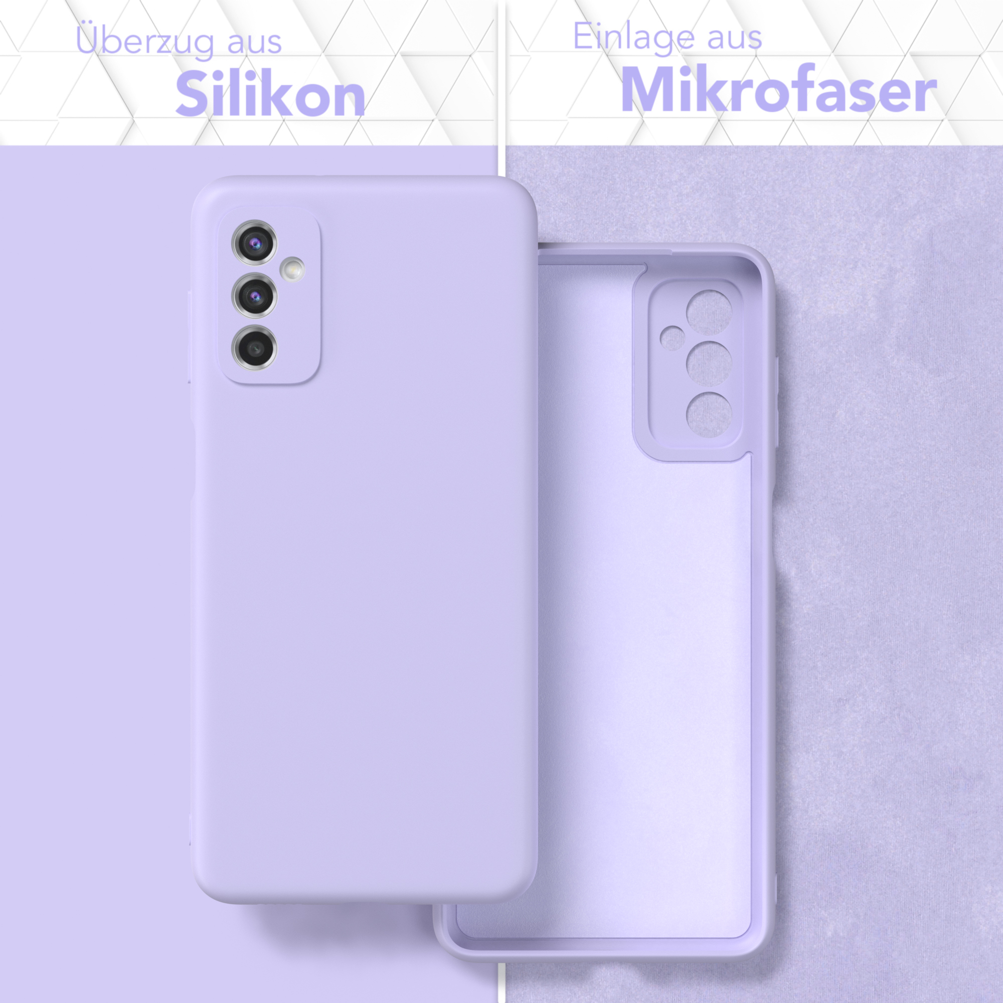 Lila Handyhülle, geöffnet, um das Innere zu zeigen. Text: Silikonoberfläche und Mikrofaser-Einsatz.