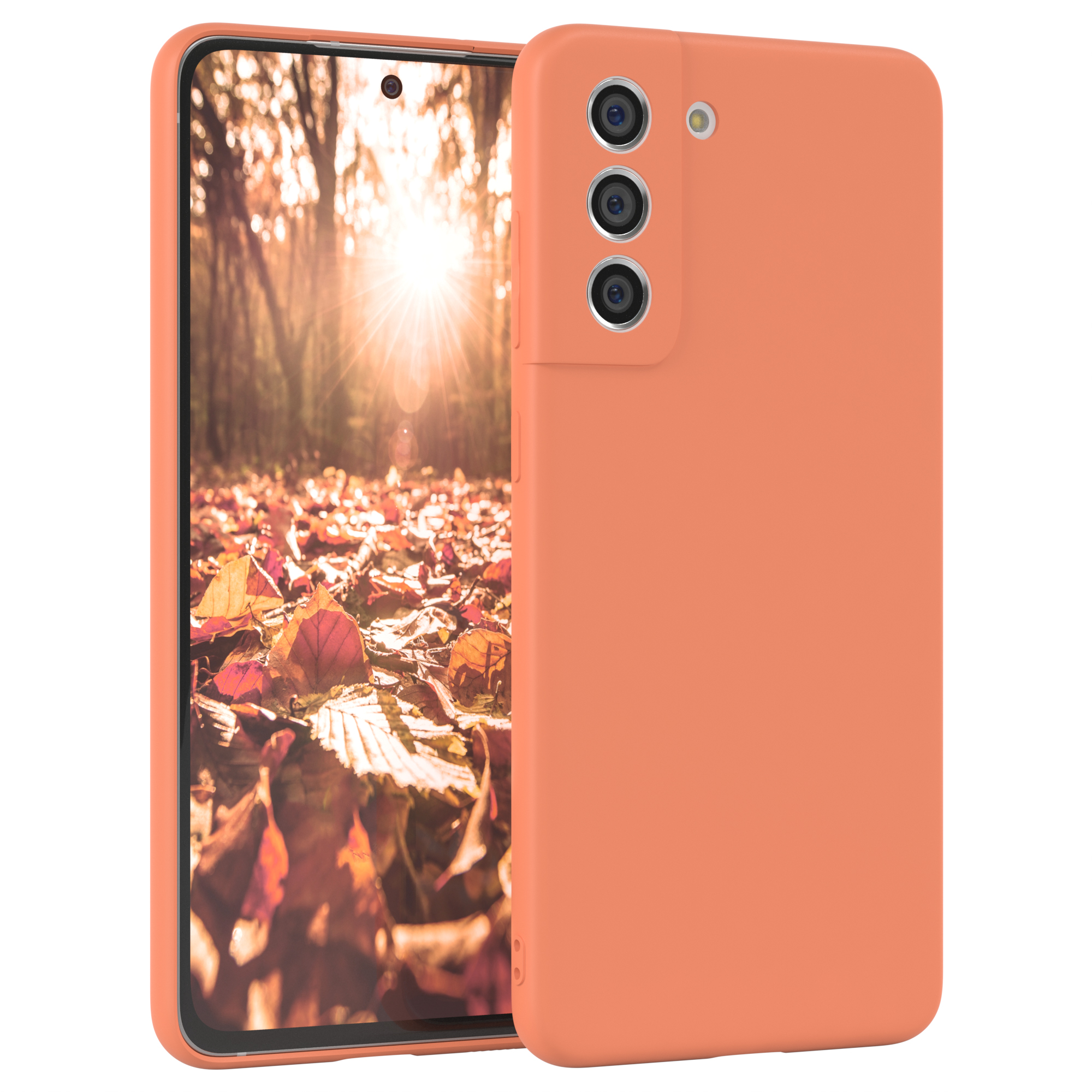 Oranges Telefon in einer orangefarbenen Hülle, mit einer Herbstwaldszene. Weißer Hintergrund.