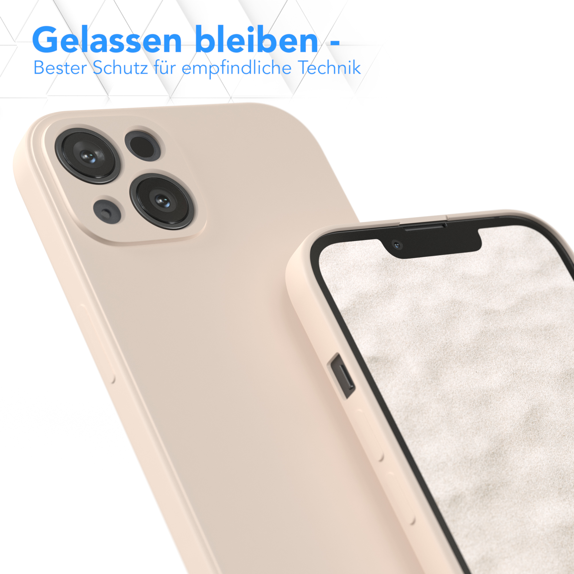 Eine beige Handyhülle und ein Telefon werden angezeigt. Das Telefon befindet sich in der Hülle. Text oben.