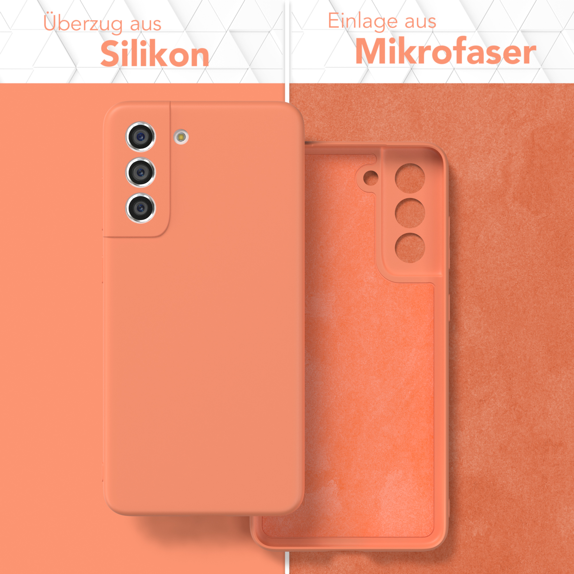 Orange Handyhülle, zeigt die äußere und innere Silikon-/Mikrofaser-Schicht.