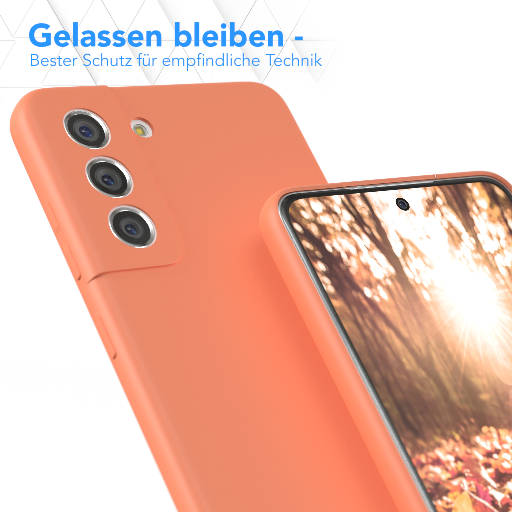 Nahaufnahme einer Handyhülle und eines Telefons. Hülle und Telefon sind beide korallenfarben.