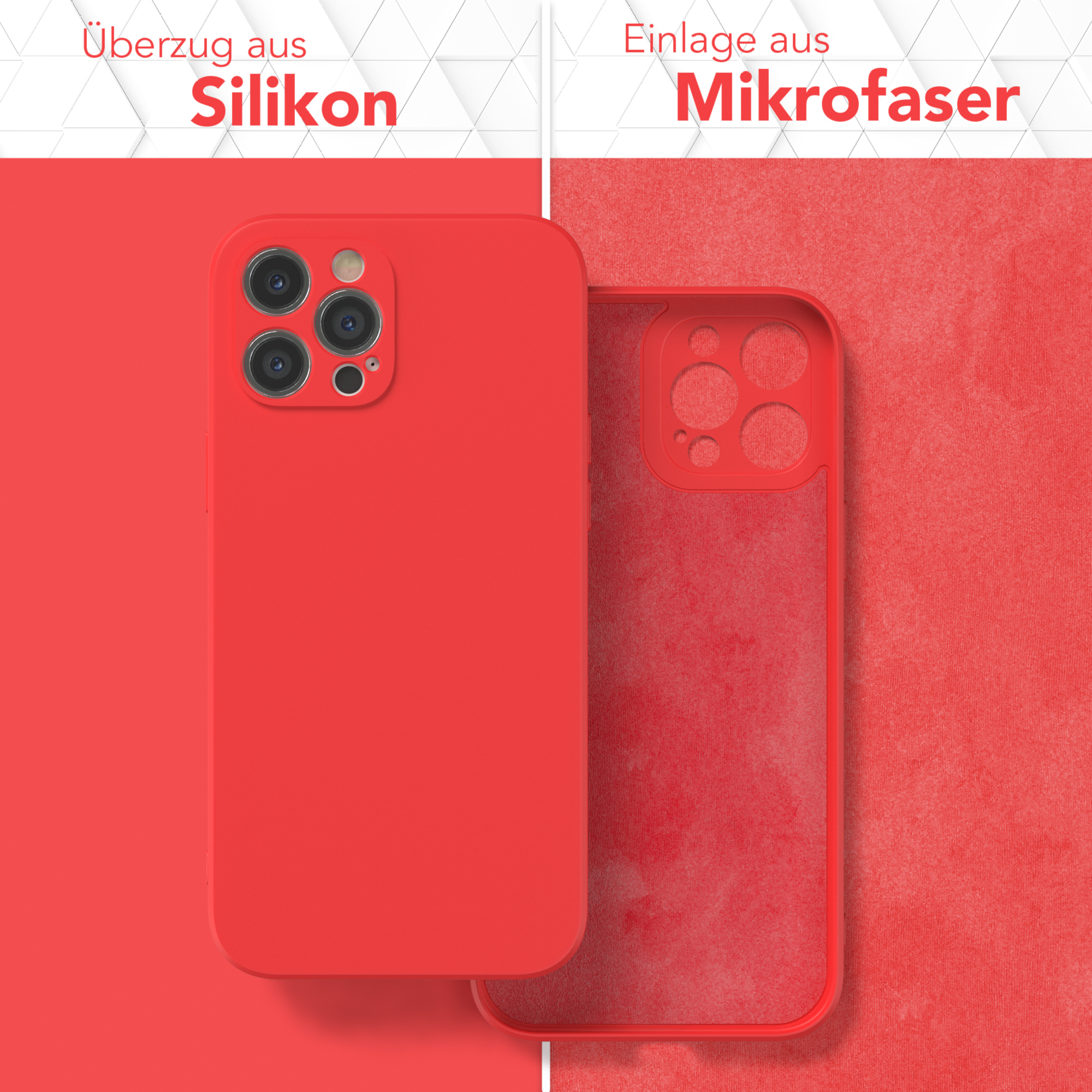 Zwei rote Handyhüllen; eine mit Telefon und eine mit Innenfutter der Handyhülle.