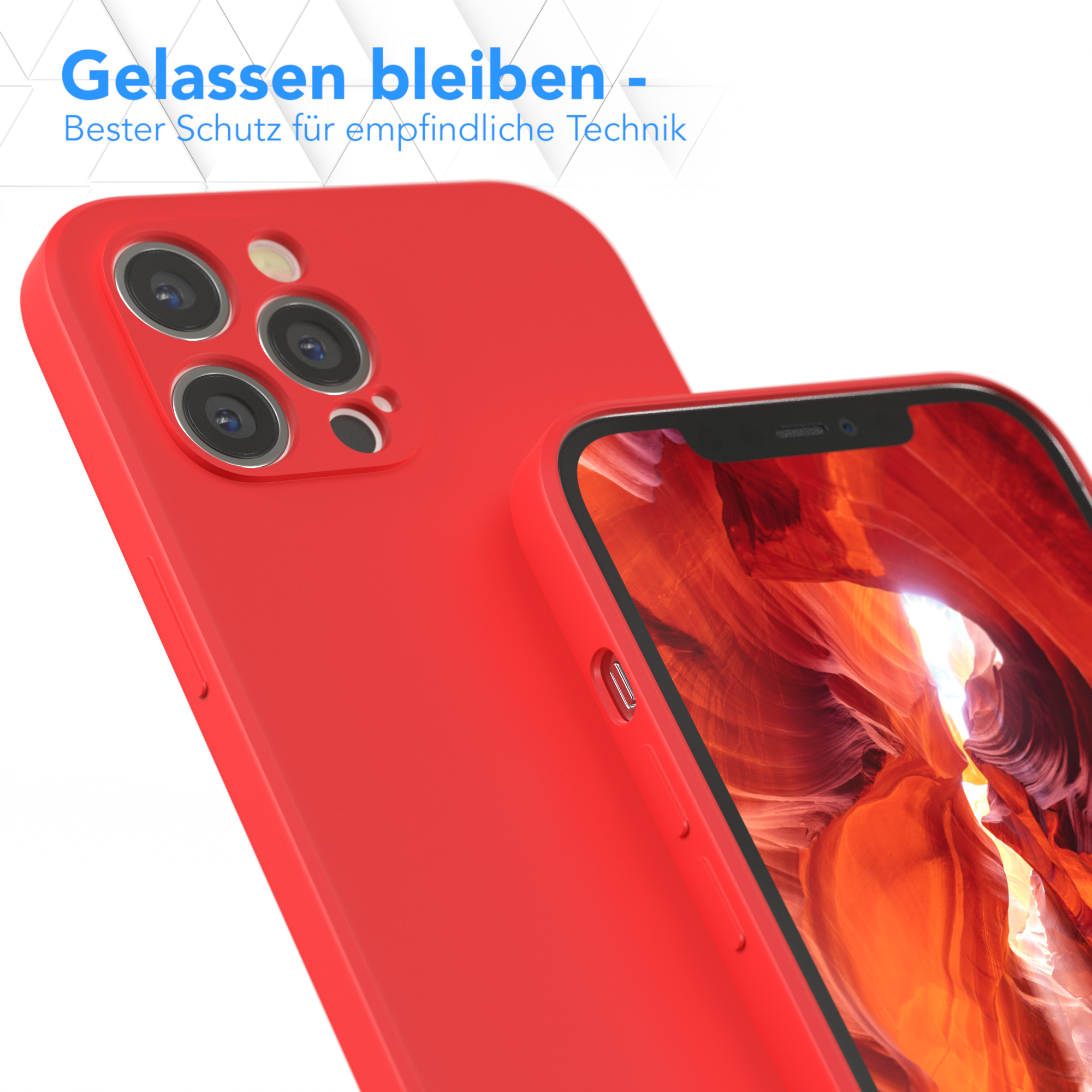 Rote Handyhülle mit Telefon darin, zeigt den Bildschirm.