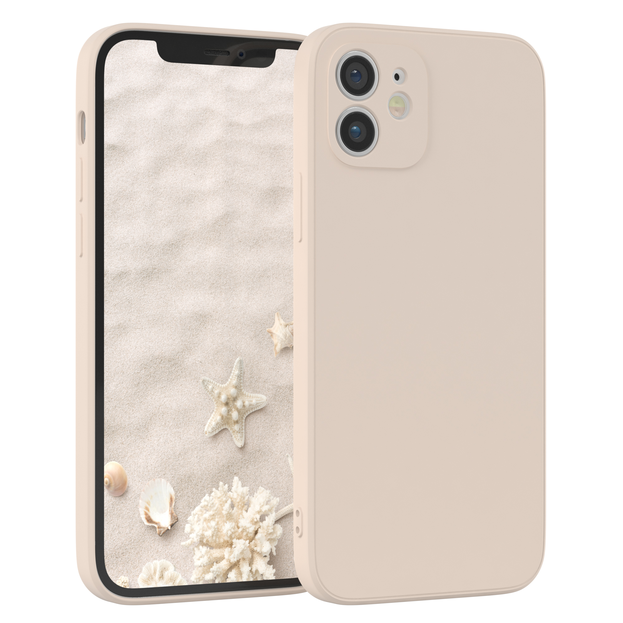 Eine beige Handyhülle mit einem Telefon darin. Das Telefon zeigt eine Strandszene. Die Hülle ist um das Telefon.