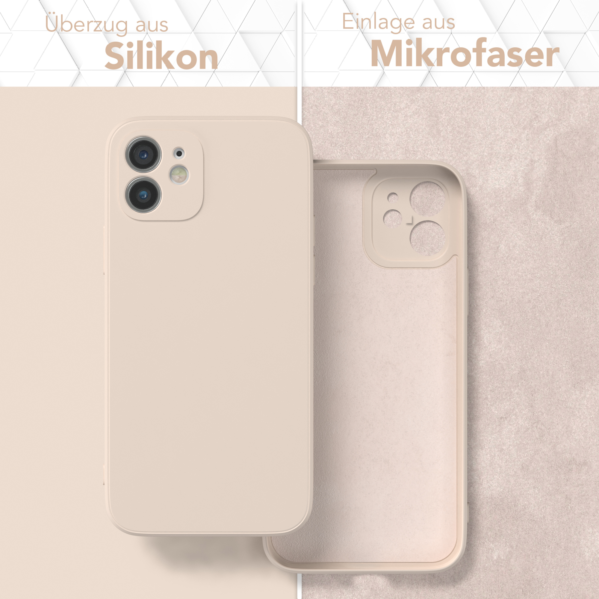 Zwei Handyhüllen, eine mit Silikon außen und eine mit Mikrofaser innen, nebeneinander.
