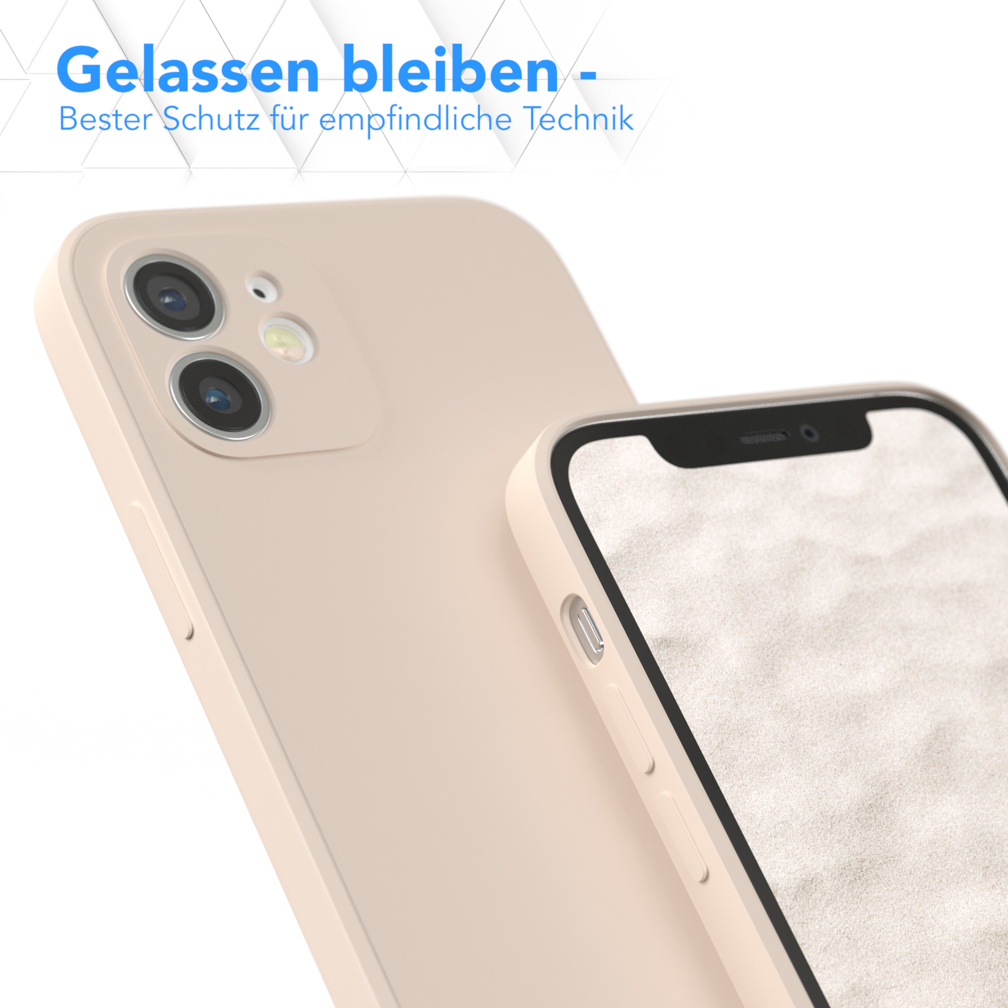 Nahaufnahme von zwei Handyhüllen. Eine beige, die andere zeigt einen Bildschirm.