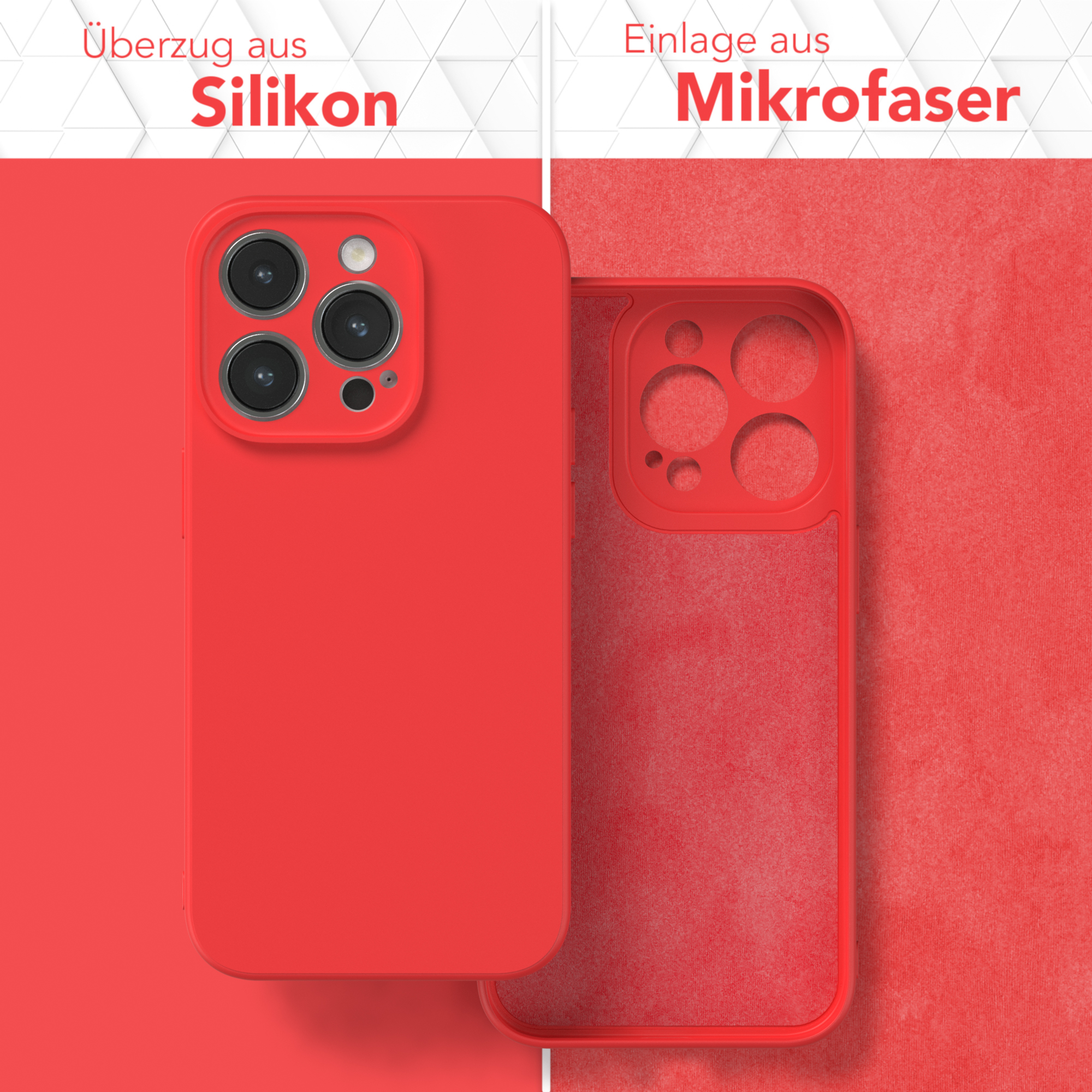 Rote Handyhülle und ihre Innenseite. Text: Überzug aus Silikon, Einlage aus Mikrofaser.
