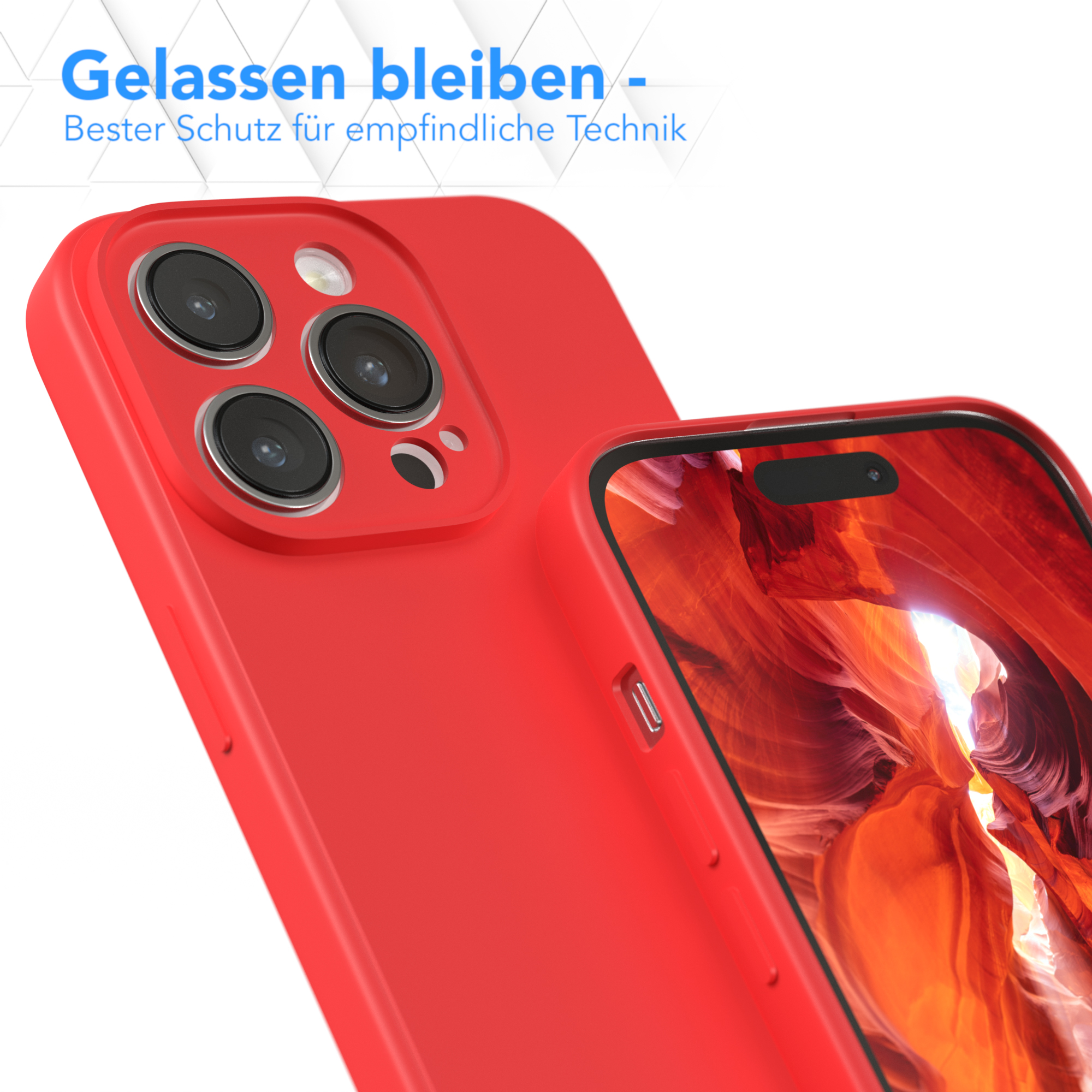 Rote Handyhülle mit einem Telefon, mit Blick auf die Rückkameras.