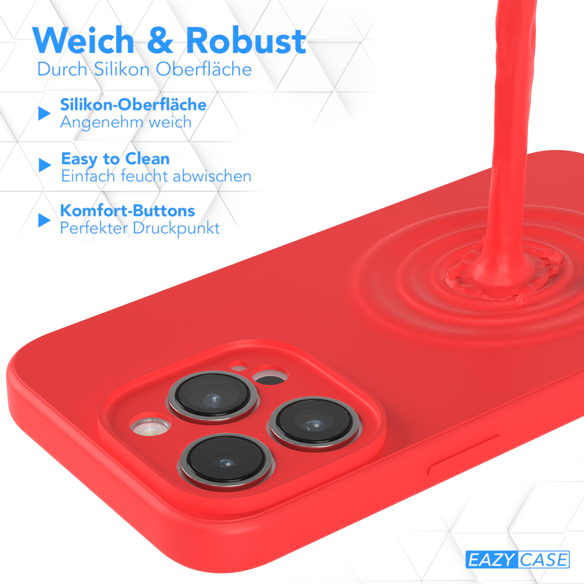 Eine rote Handyhülle wird mit roter Flüssigkeit gefüllt, die aus einem Schlauch fließt, mit einem Telefon unten.