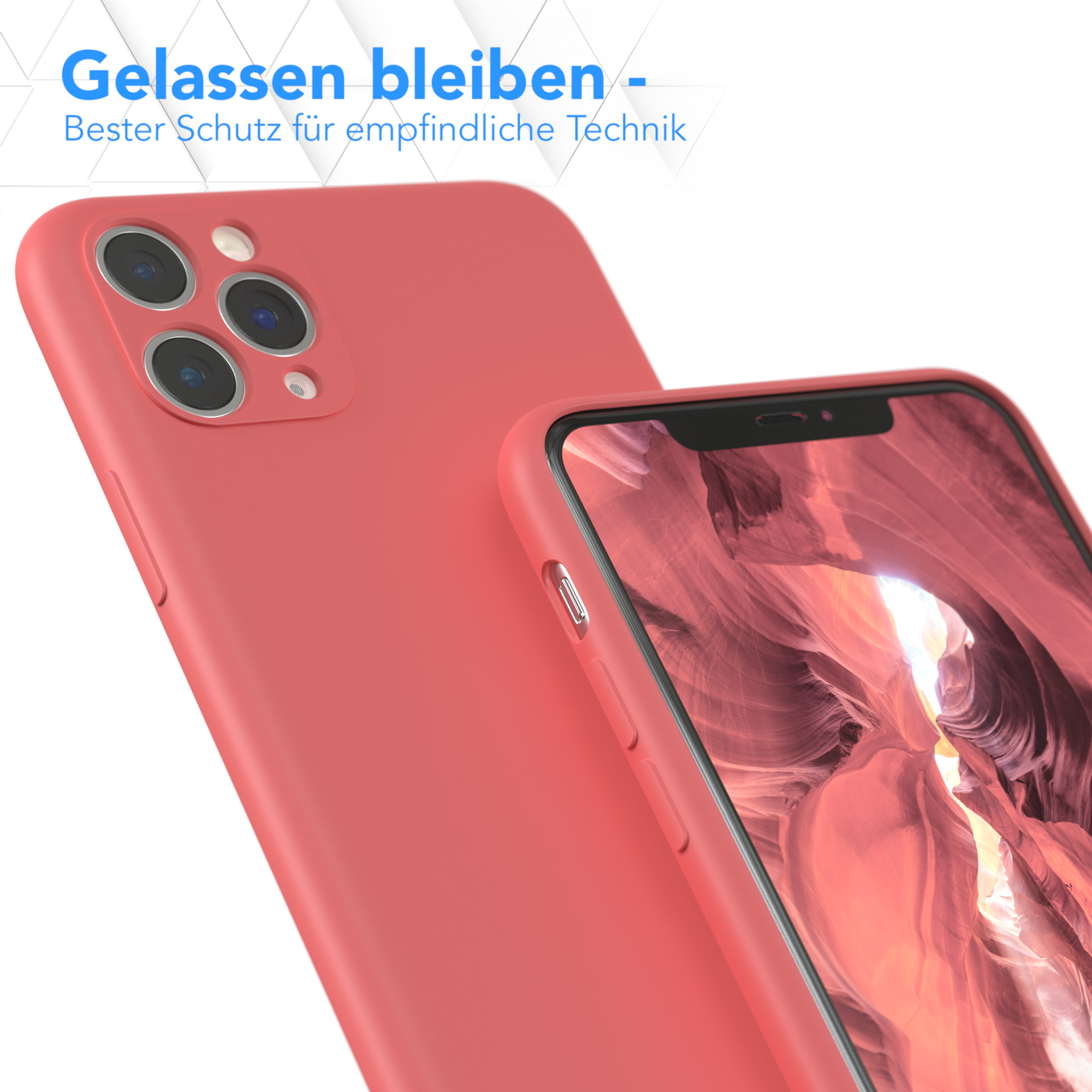 Zwei korallenfarbene Handyhüllen. Eine ist vorne, die andere leicht verschwommen dahinter.