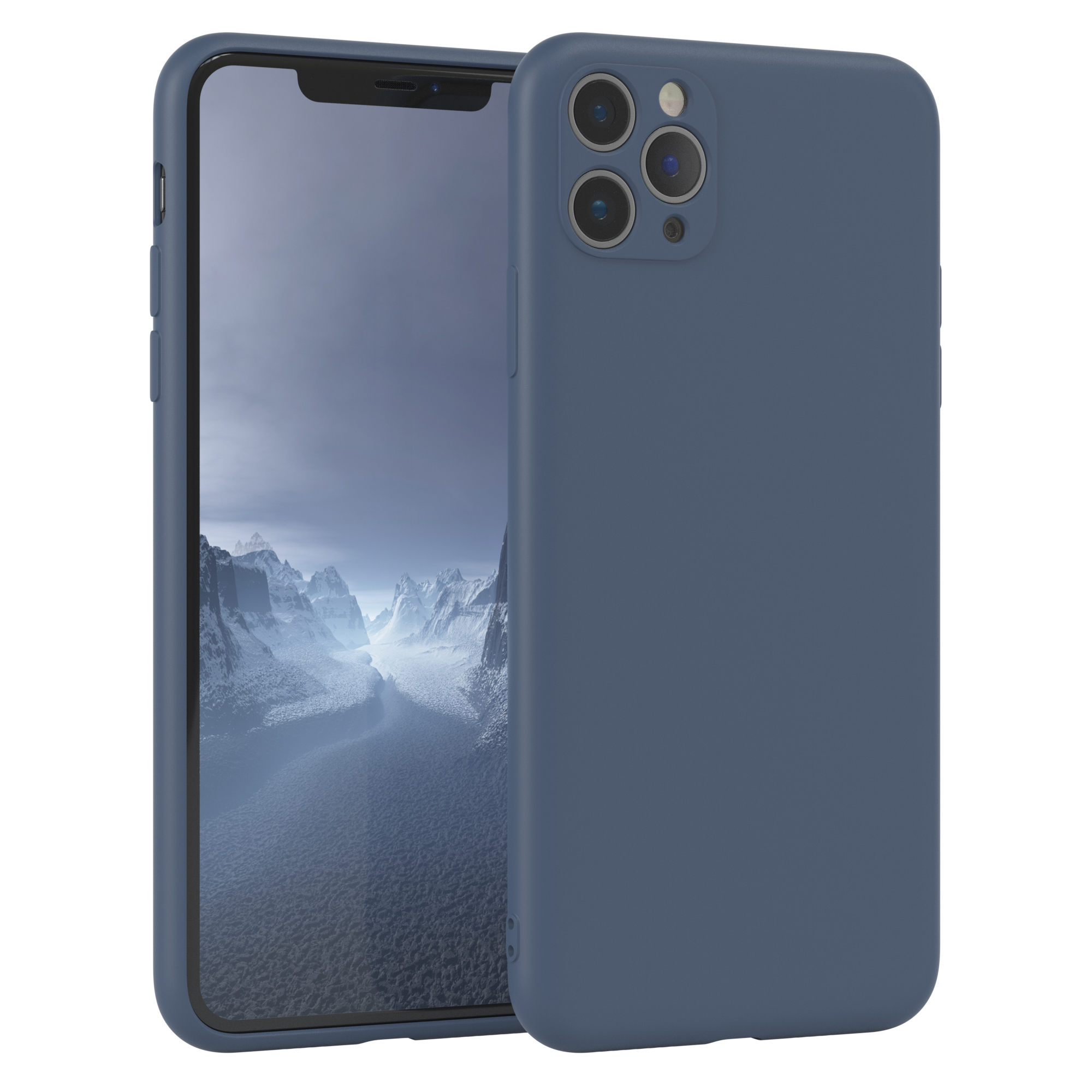 Blaue Handyhülle mit Telefon, das Rückseite eines blauen Telefons zeigt. Drei Kameras.