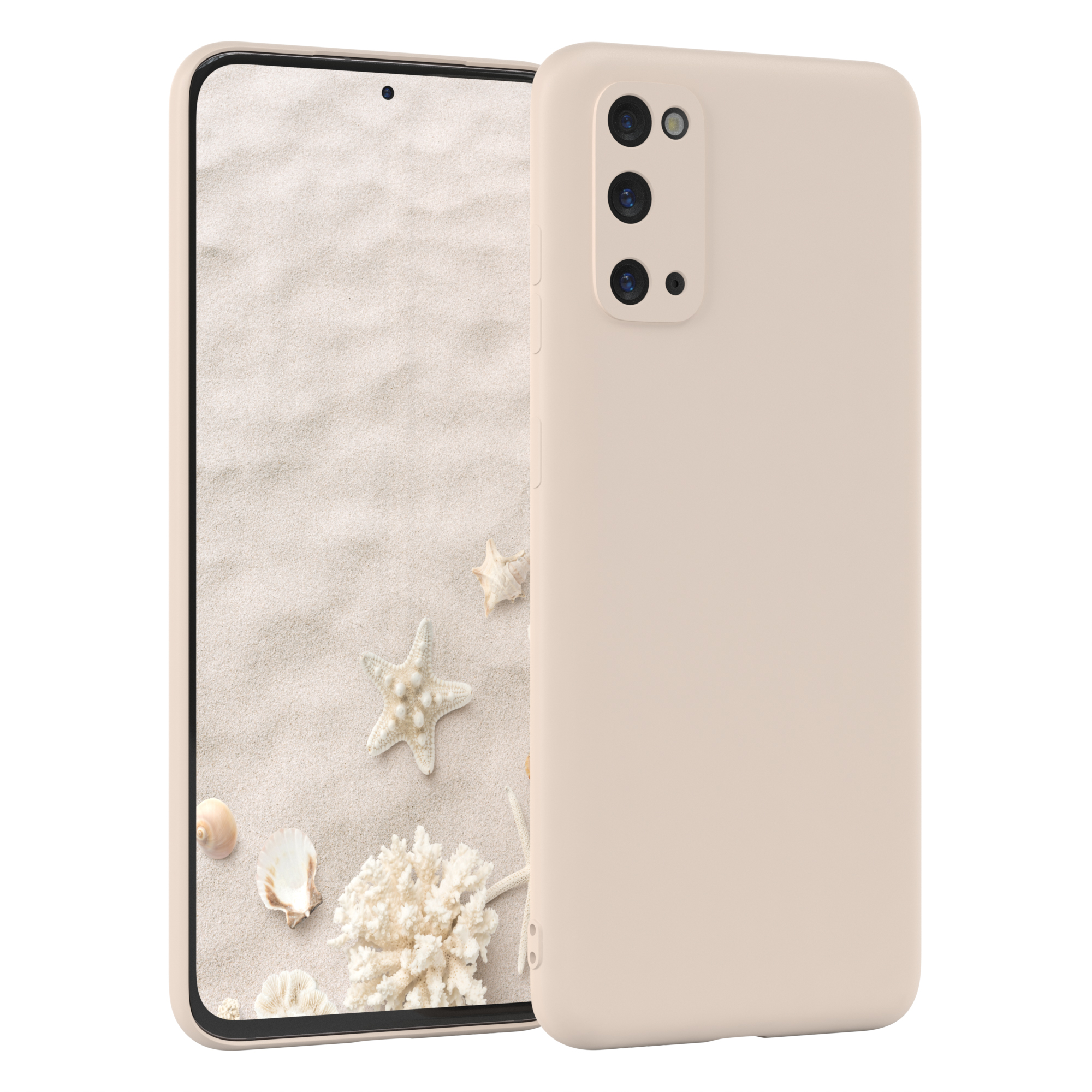 Beige Handyhülle mit Strand mit Muscheln und Seesternen auf dem Bildschirm. Der Hintergrund ist Sand.
