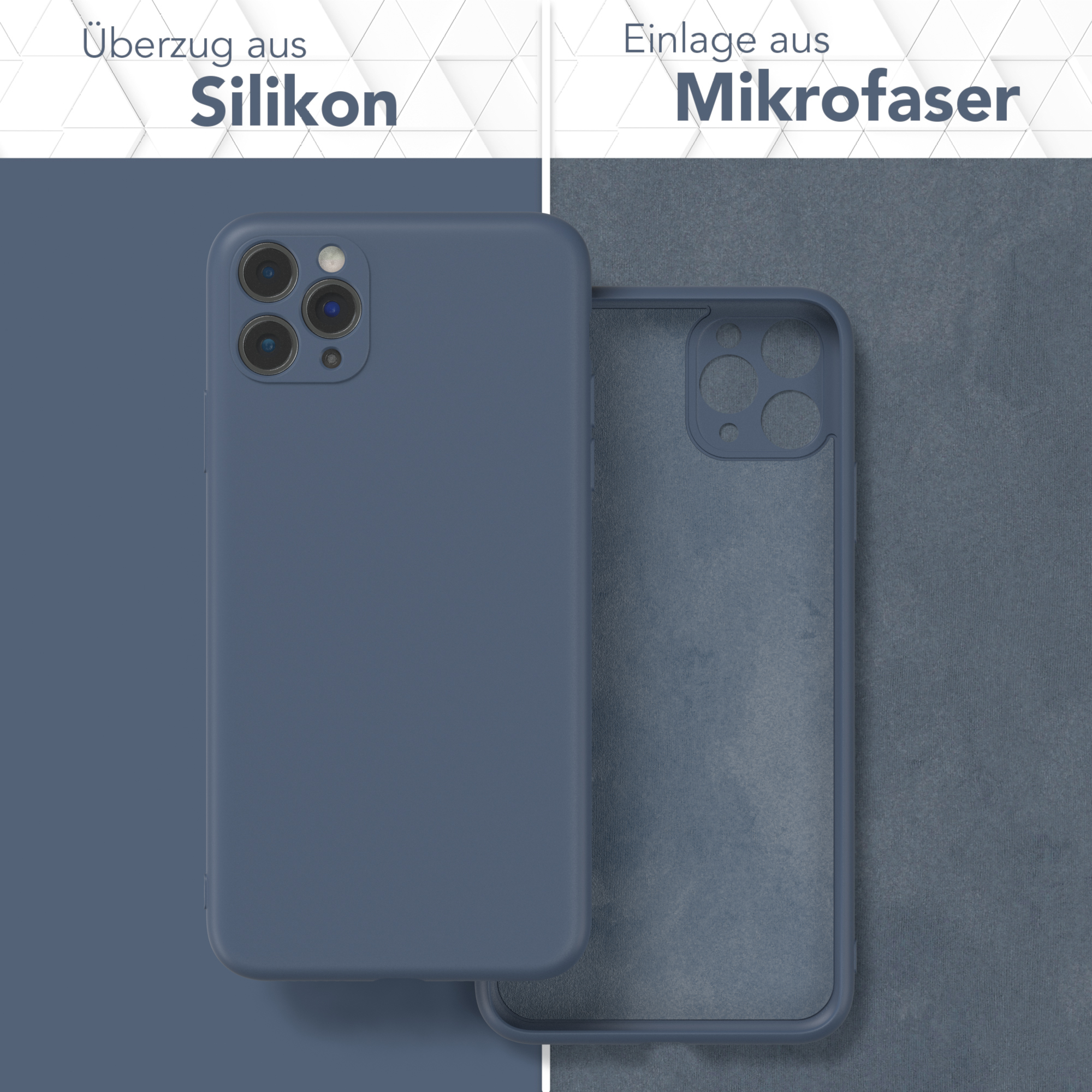 Telefonhülle und ihr Inneres. Die Hülle ist blau, mit Mikrofaser innen.