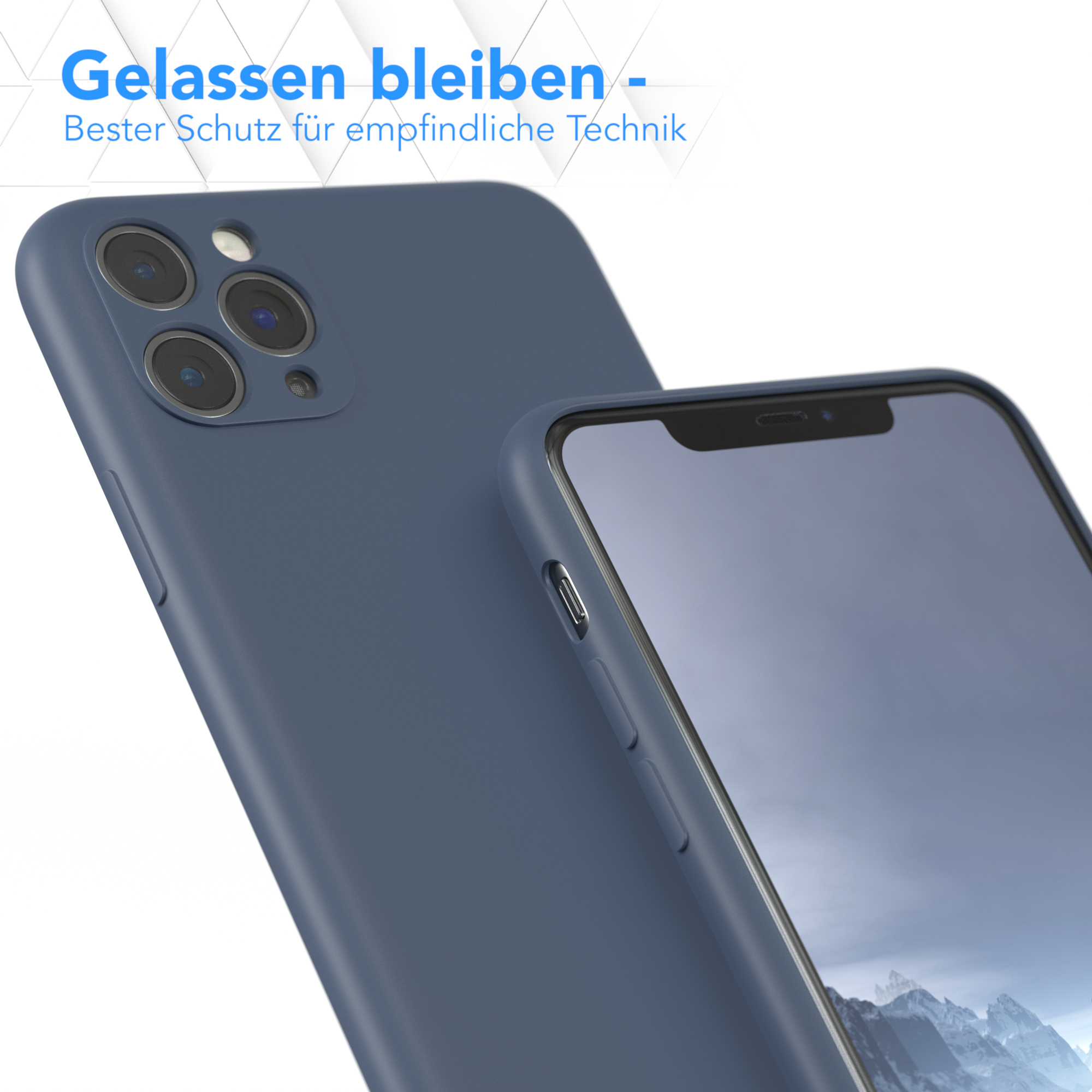 Blaue Handyhülle und Telefon, mit Kameralinsen sichtbar, vor weißem Hintergrund.