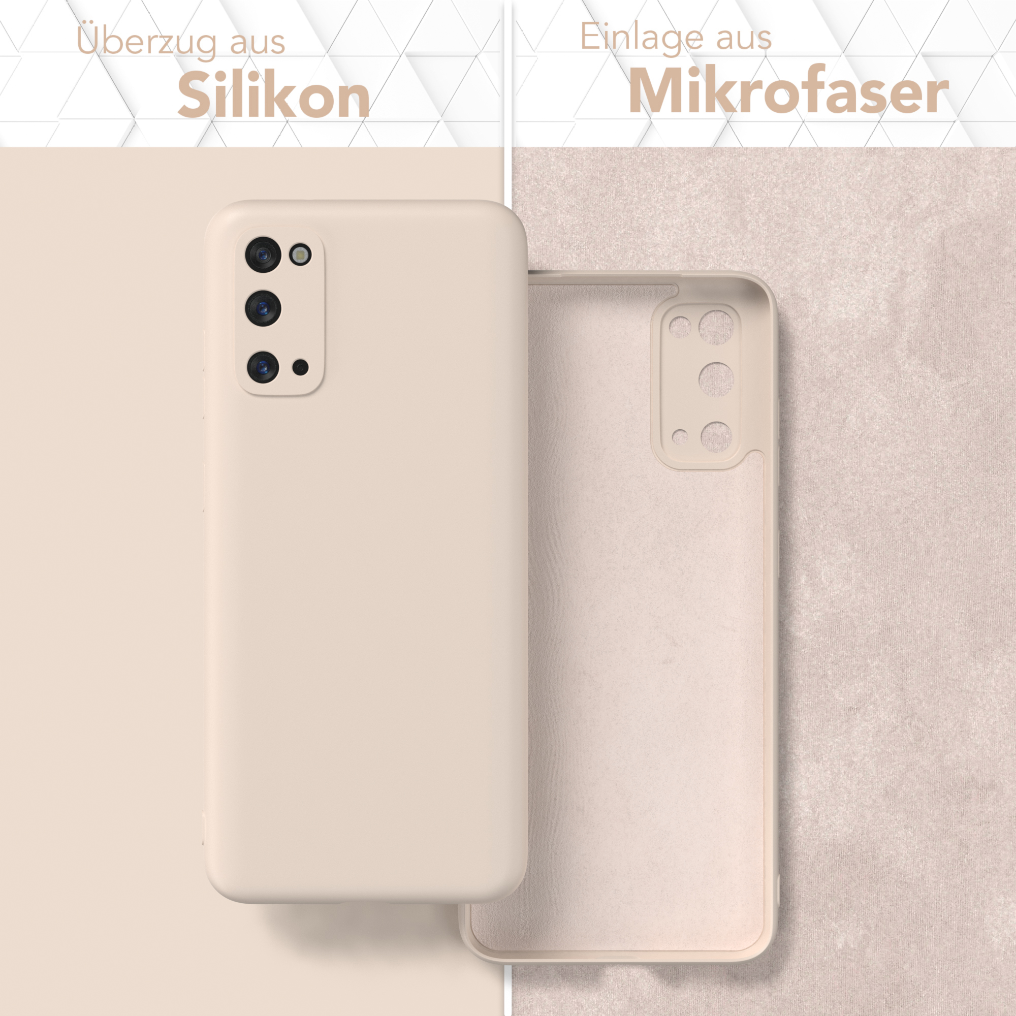 Zwei beige Handyhüllen, eine geschlossen, eine offen. Text: Silikonhülle, Mikrofaser-Einlage.