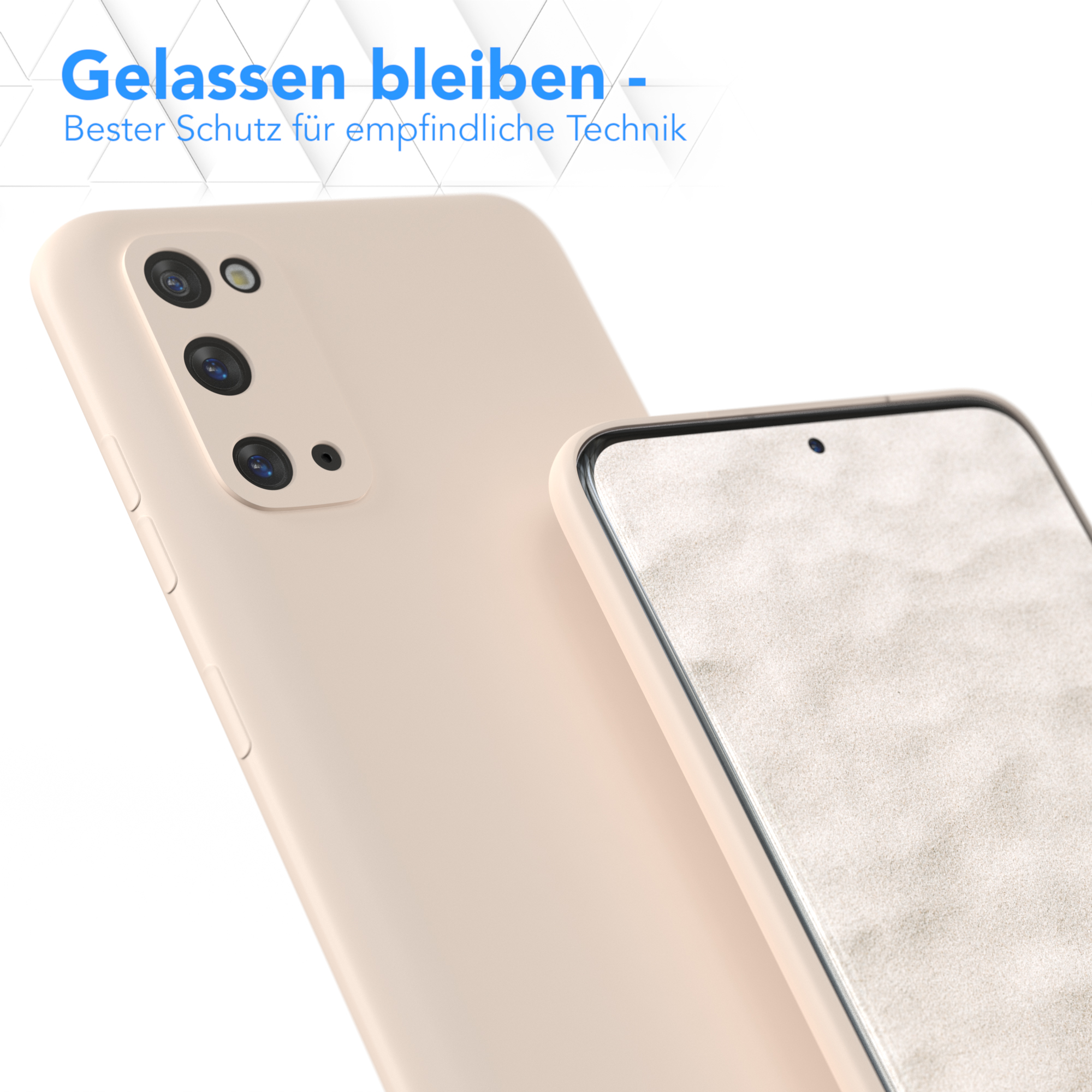 Beige Handyhülle vor verschwommenem Hintergrund, mit Text 'Gelassen bleiben'.