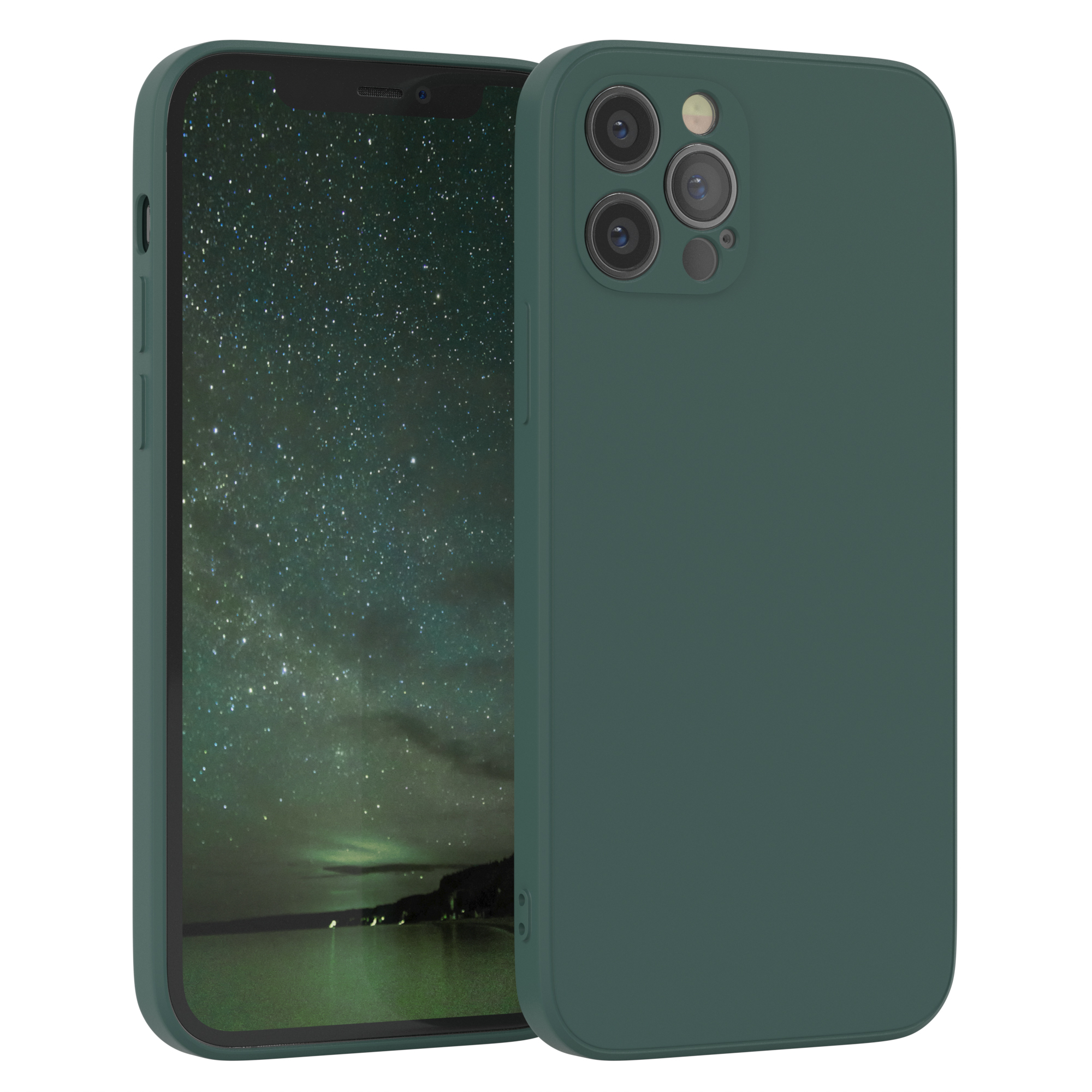 Dunkelgrüne Handyhülle. Ein Telefon mit Hülle, Sternennacht.