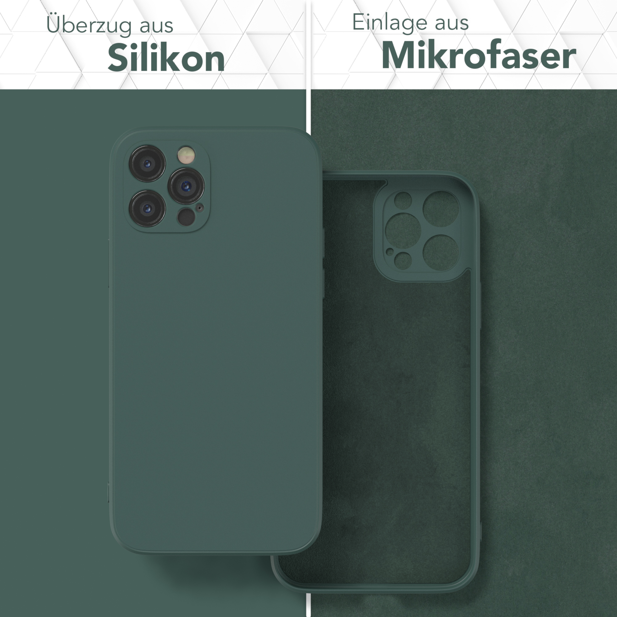 Handyhüllen-Set: Silikonhülle links, Mikrofaserfutter rechts, beide in Grüntönen.