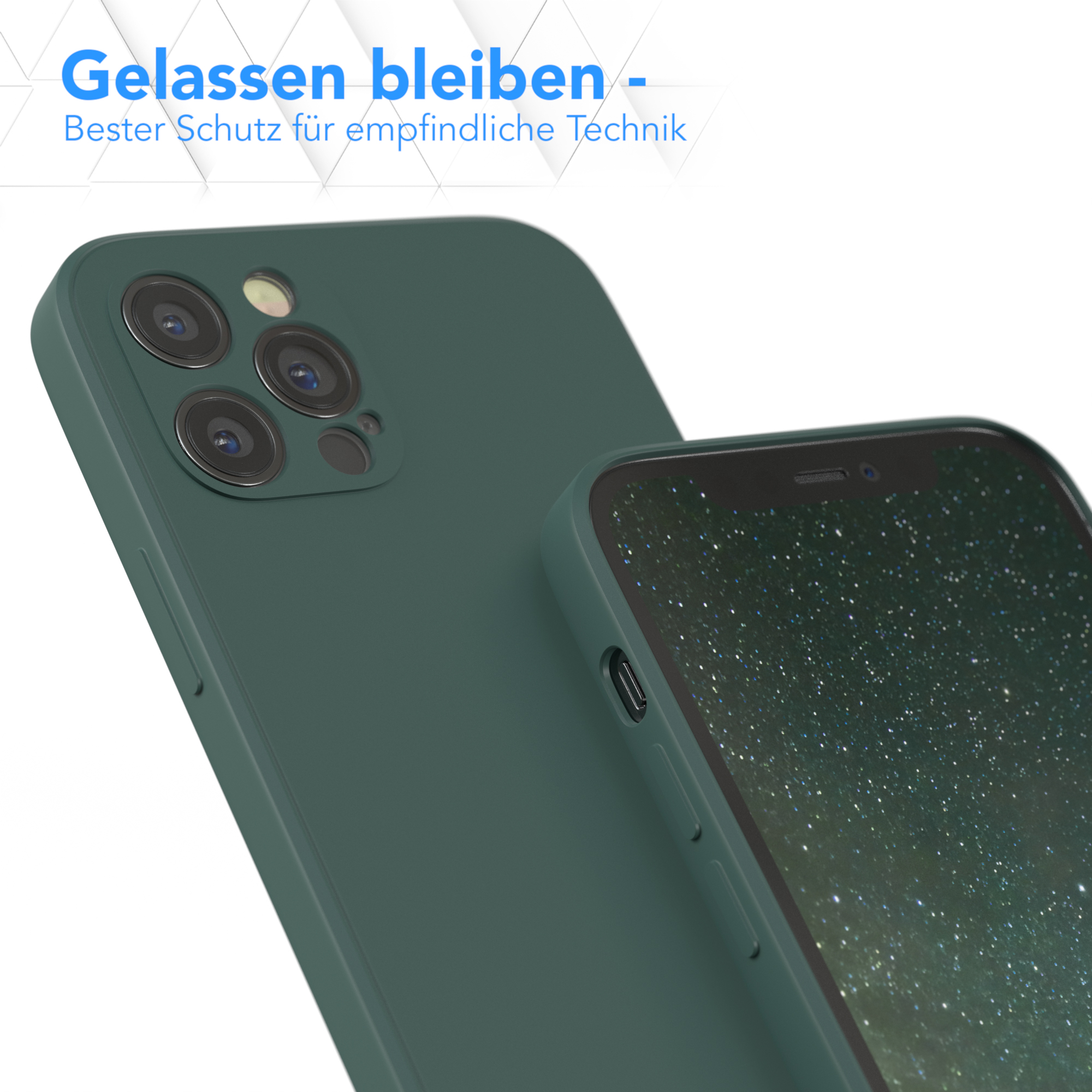 Nahaufnahme einer grünen Handyhülle mit einem iPhone. Die Rückkamera ist sichtbar.