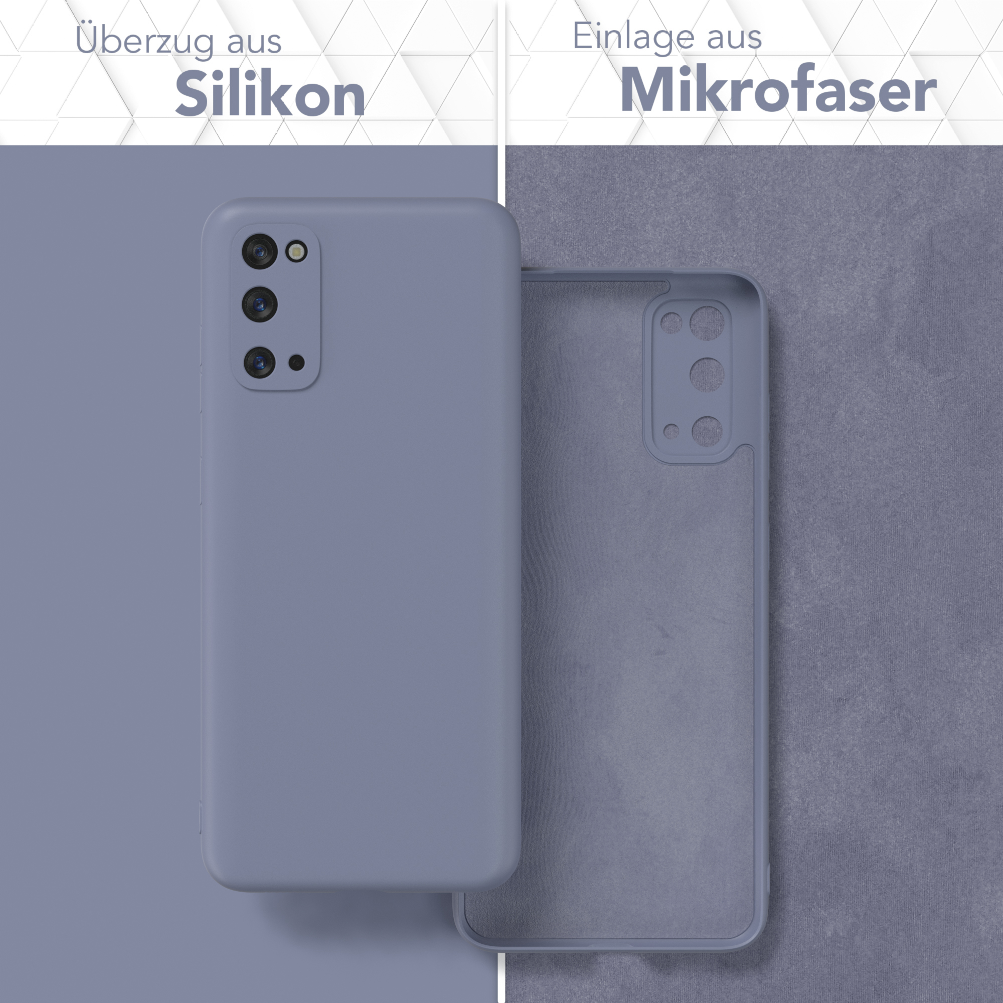 Eine Handyhülle in zwei Teilen, eine auf dem Telefon und die andere separat gezeigt. Text auf Deutsch vorhanden.