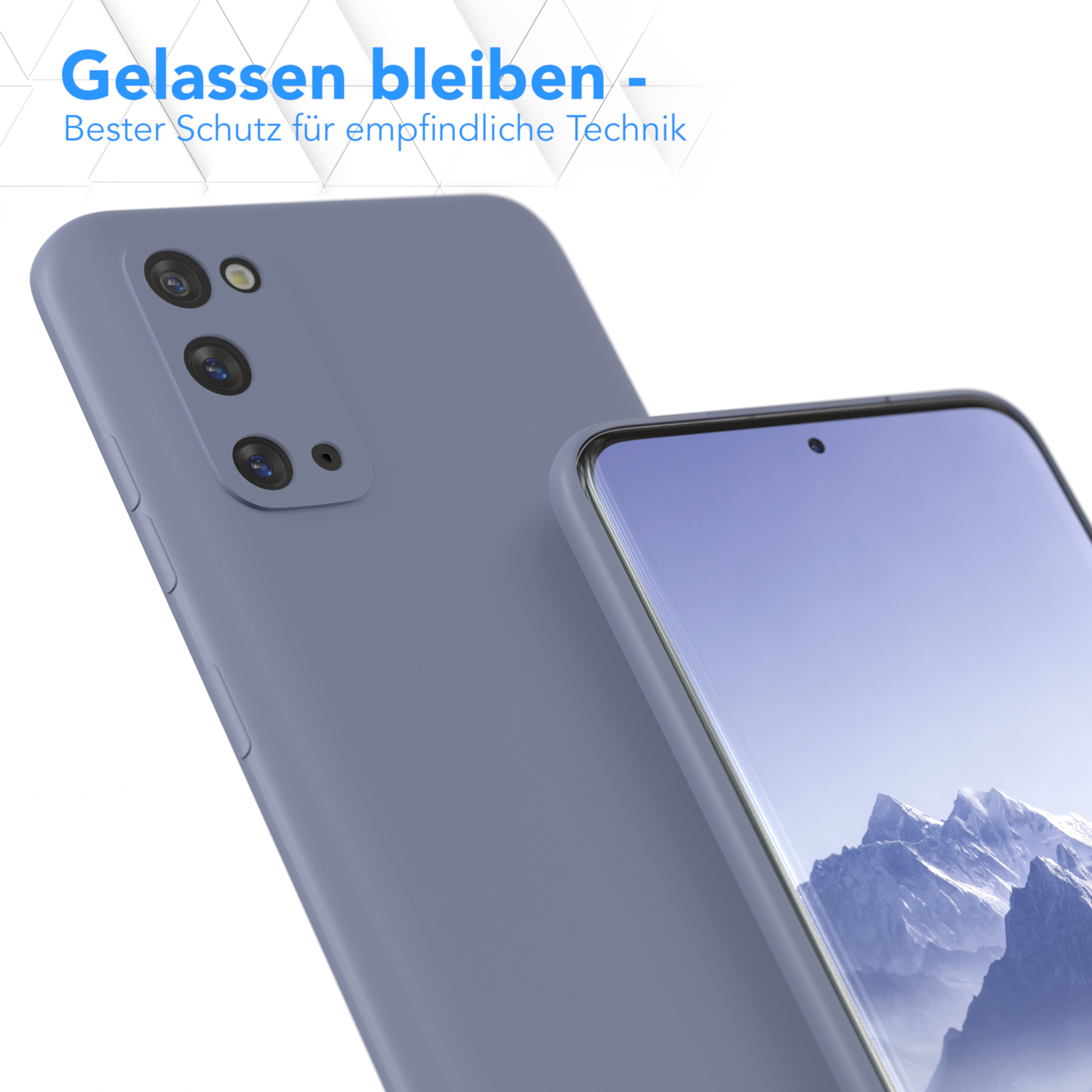 Zwei Handyhüllen mit einem Handy im Hintergrund. Die Hüllen sind blau und der Bildschirm ist sichtbar.