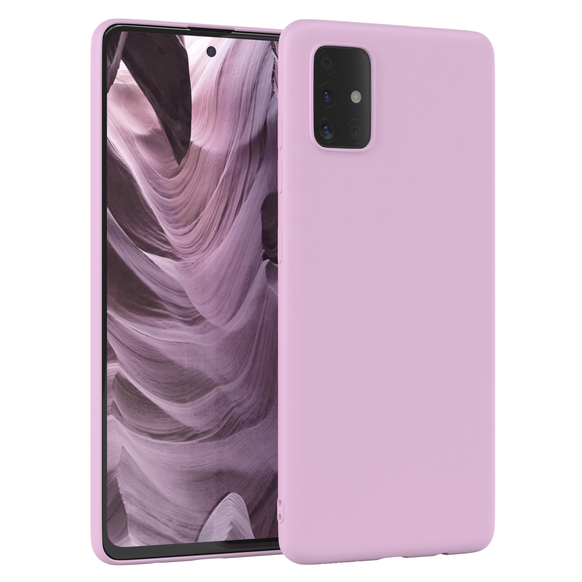 Rosafarbenes Telefon mit rosa Gehäuse. Das Telefon zeigt eine Canyon-Szene.