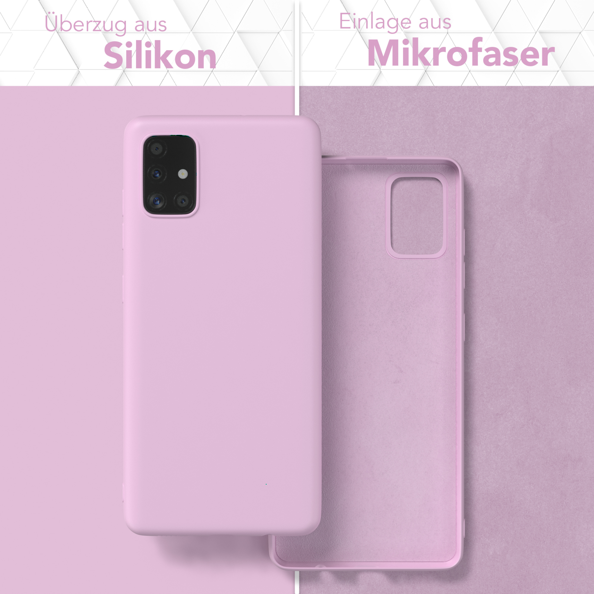 Zwei rosa Handyhüllen. Eine ist eine Handyhülle, die andere ist ein Handyhüllen-Innenraum. Text: Silikon, Mikrofaser.