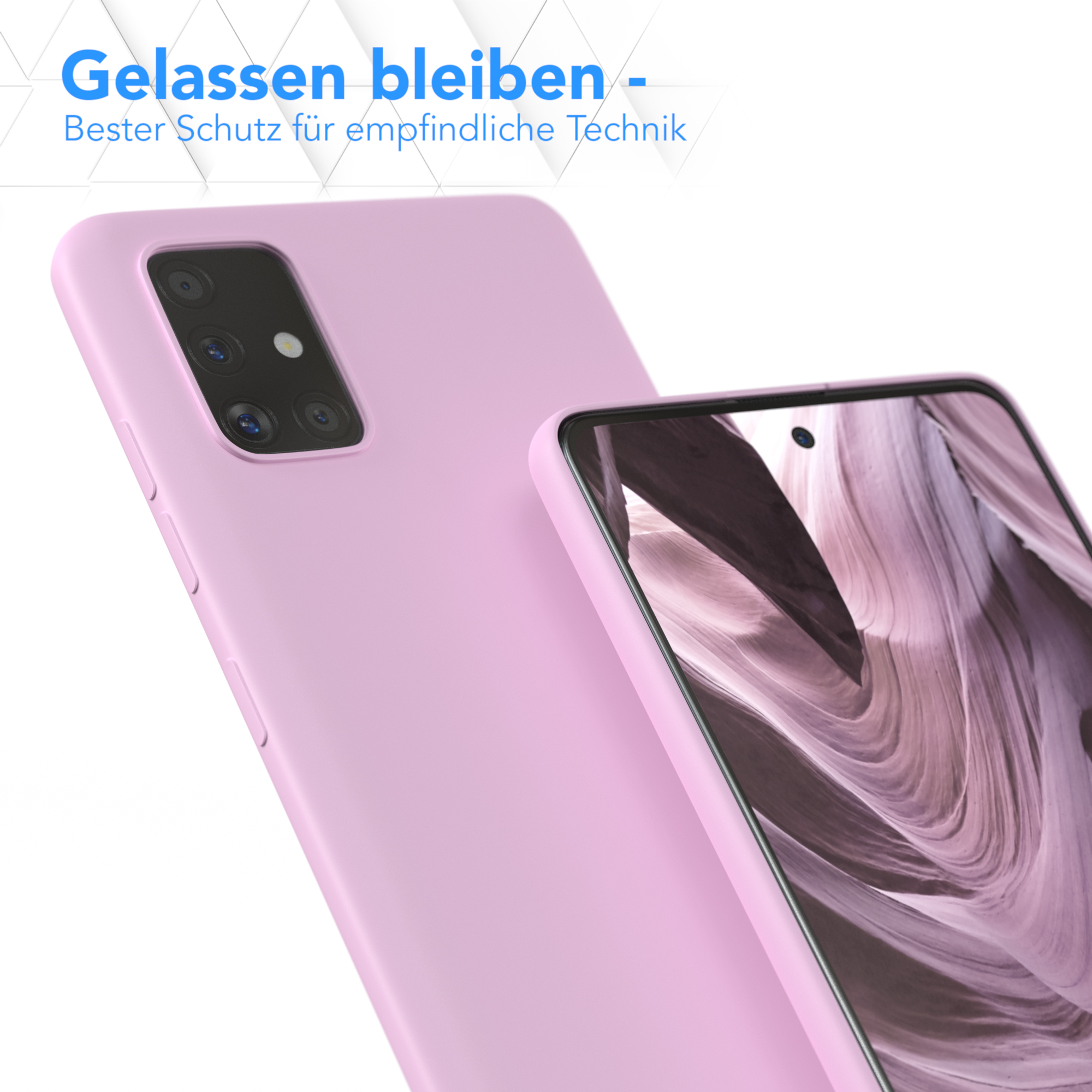 Eine Handyhülle in Helllila, mit dem Telefon darin. Der Hintergrund ist verschwommen.