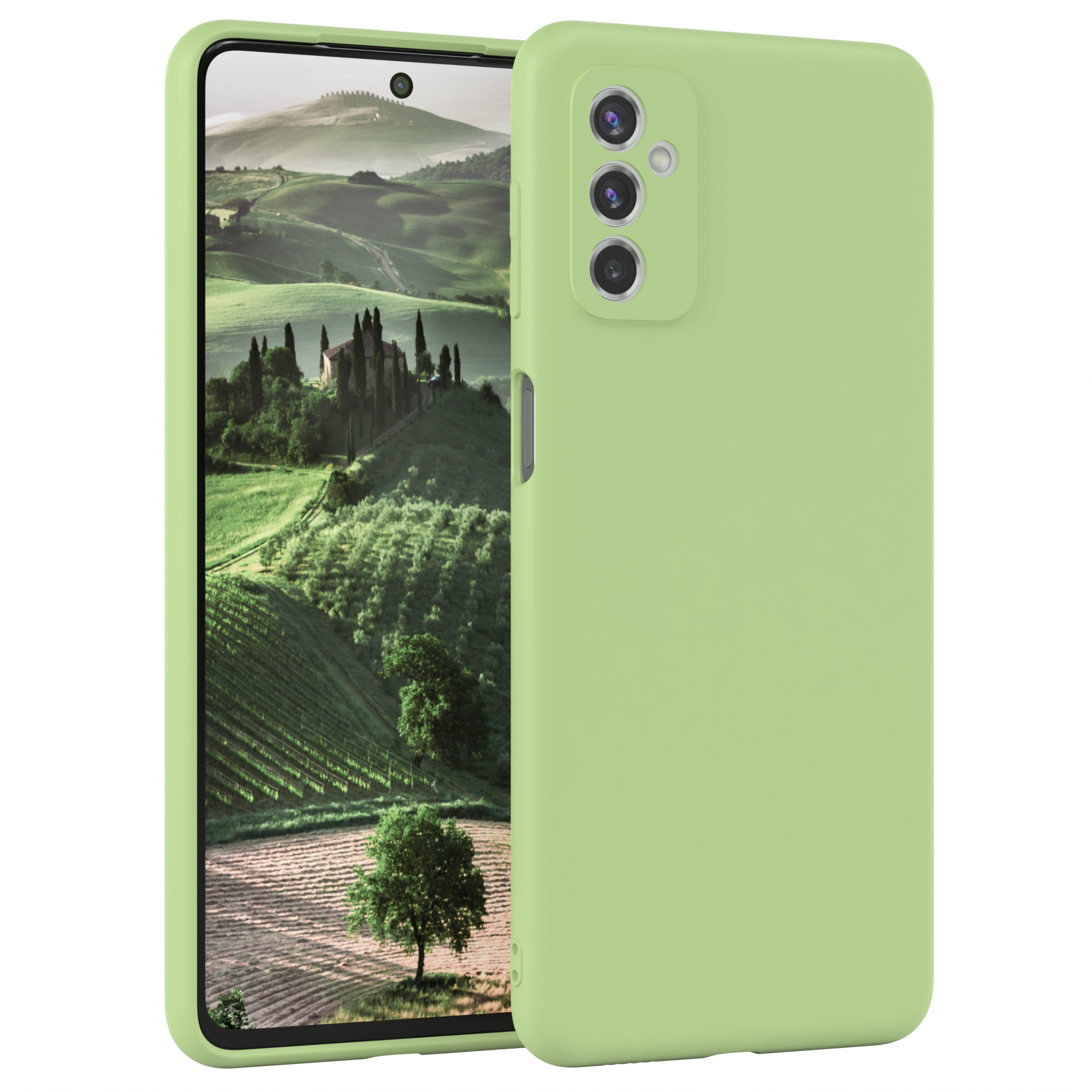 Hellgrüne Handyhülle. Telefon zeigt sanfte Hügel. Hintergrund: Bäume und Himmel.