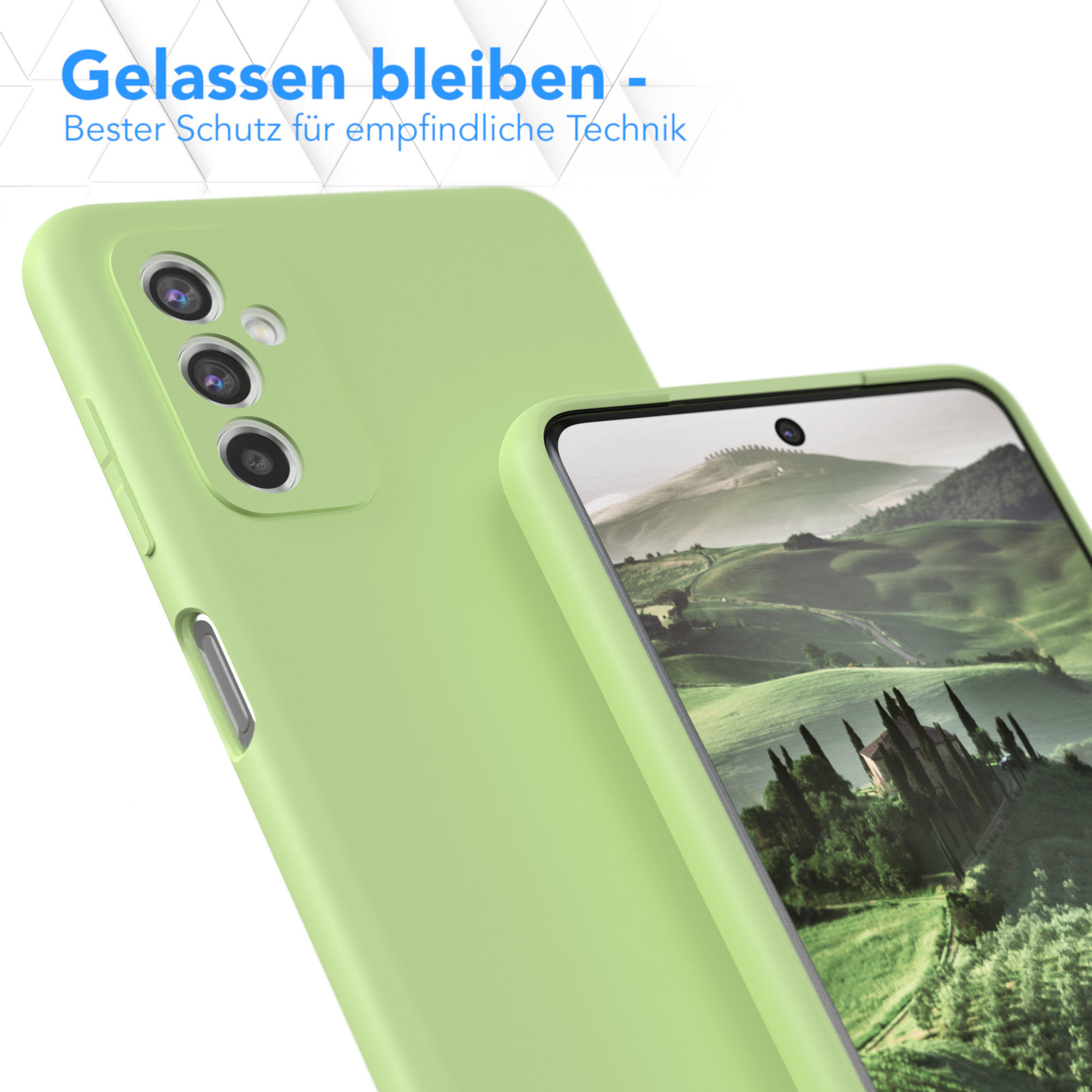 Zwei Telefone mit Hüllen, eines mit Bildschirm. Text: Bester Schutz.