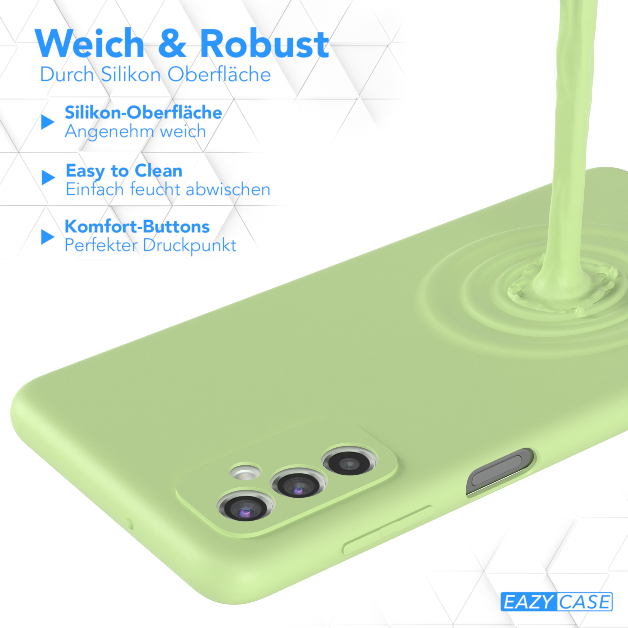 Grüne Handyhülle mit Wasser-Effekt. Text sagt 'Weich & Robust' und weitere Merkmale.