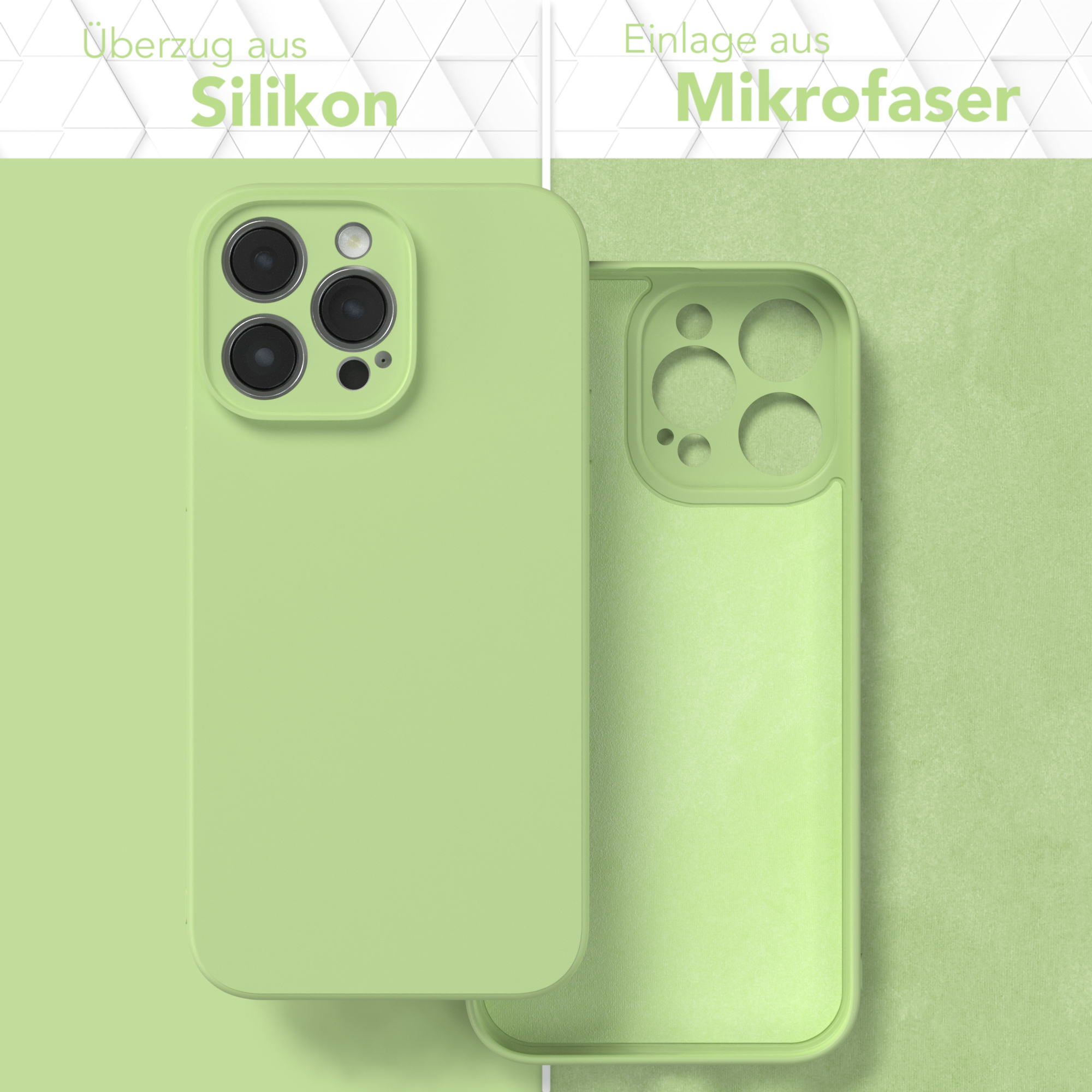 Zwei Handyhüllen, eine links, mit einem Telefon in der anderen. Text.