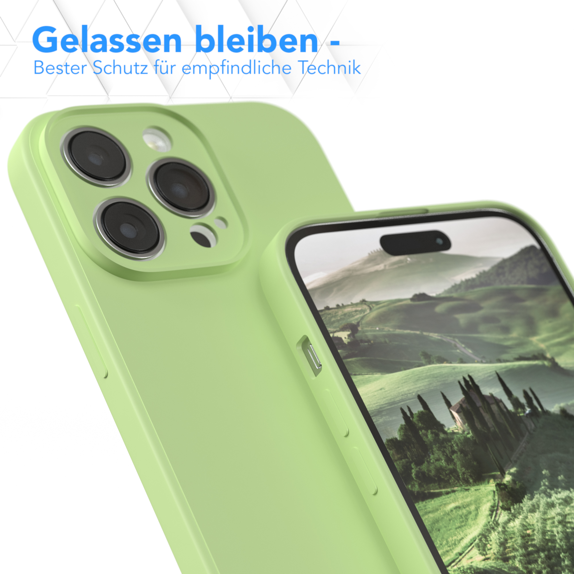 Limettengrüne Handyhülle und Telefon. Hintergrund ist verschwommene Gebäude. Text: 'Gelassen bleiben'.