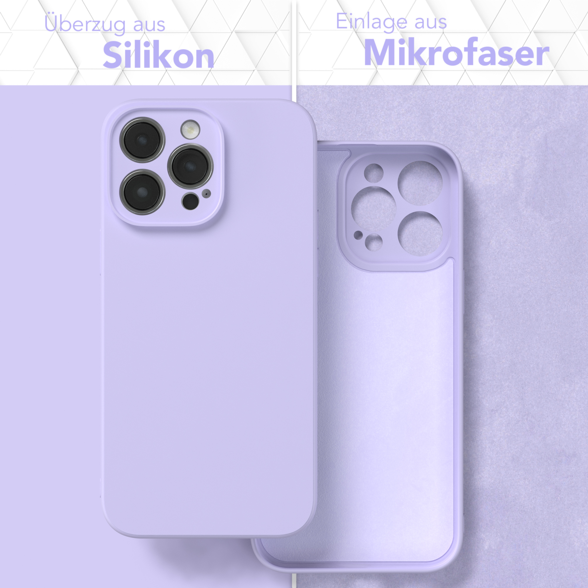 Eine lila Handyhülle, links Silikon, rechts Mikrofaser, vor lila Hintergrund.