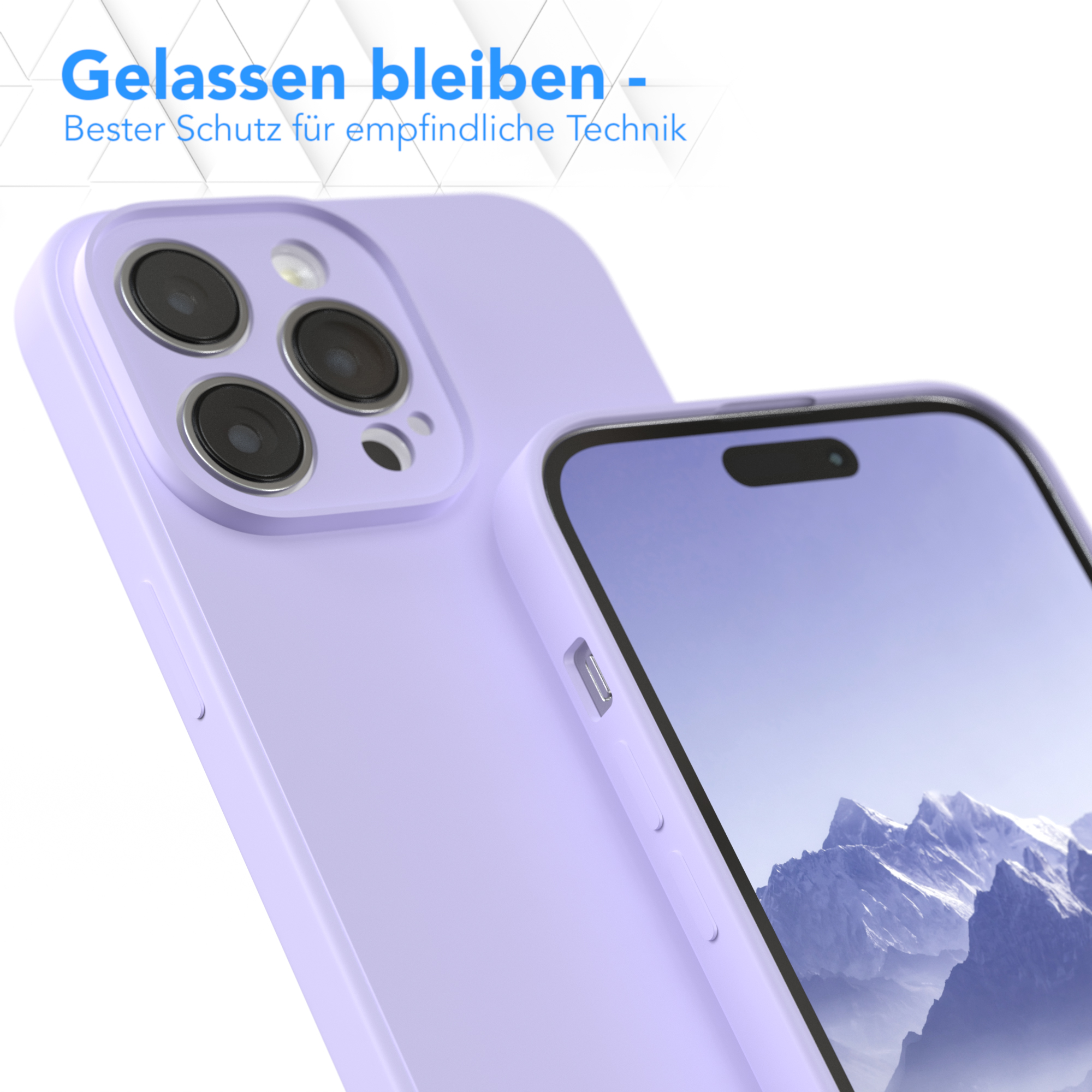 Zwei lila Handyhüllen, eine im Fokus. Text oben: 'Entspannen Sie sich, Bester Schutz für empfindliche Technik'.