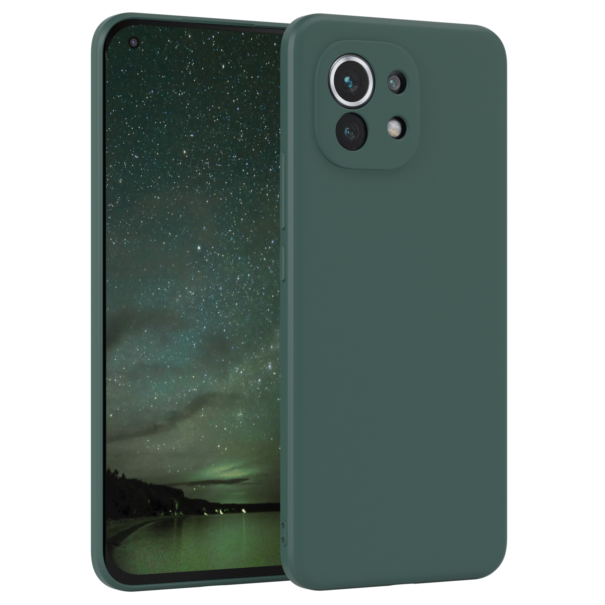 Dunkelgrüne Handyhülle mit Telefon, das einen Sternenhimmel zeigt.