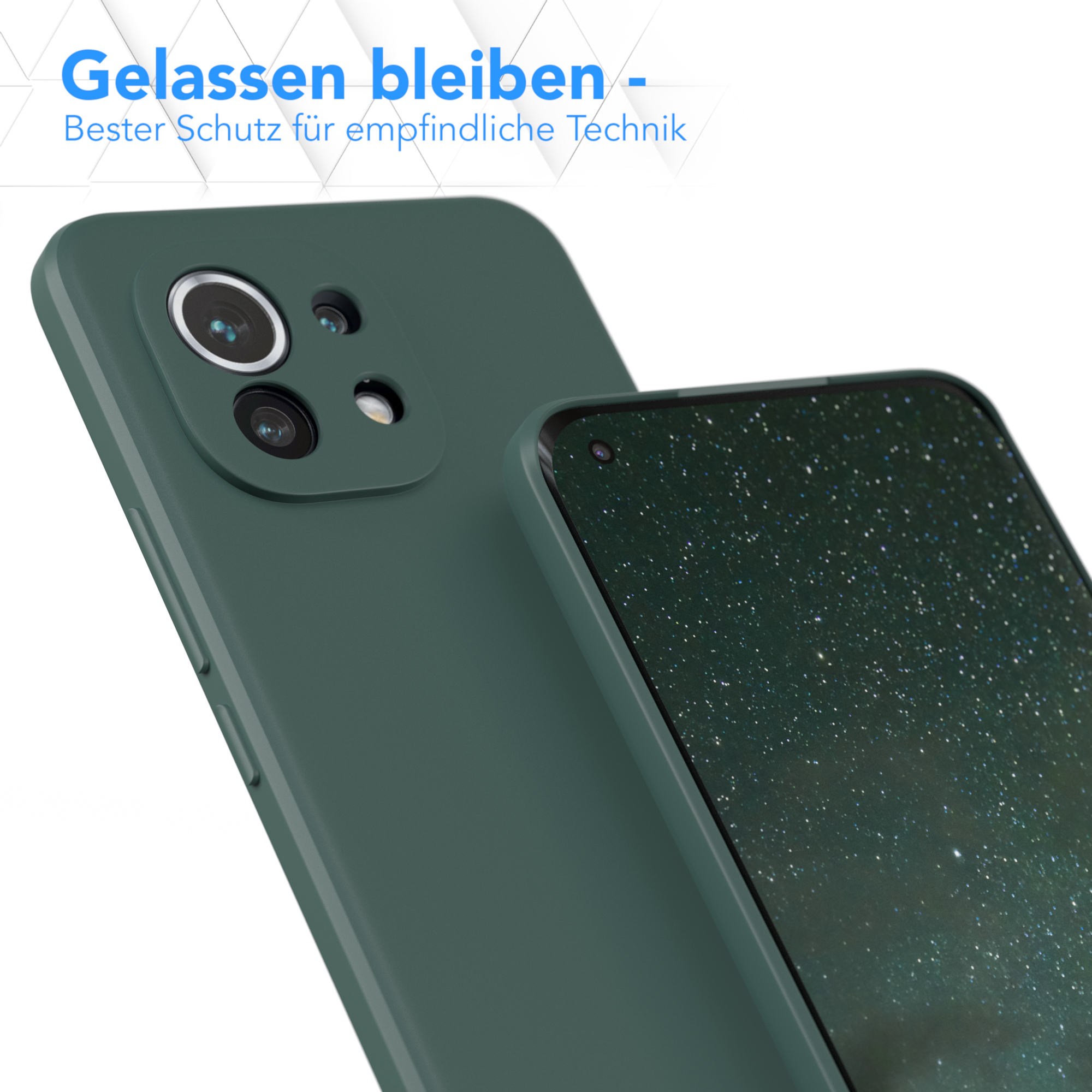 Zwei Handyhüllen: grün und schwarz. Ein Telefon befindet sich in der Hülle. Text: Bester Schutz für empfindliche Technik.