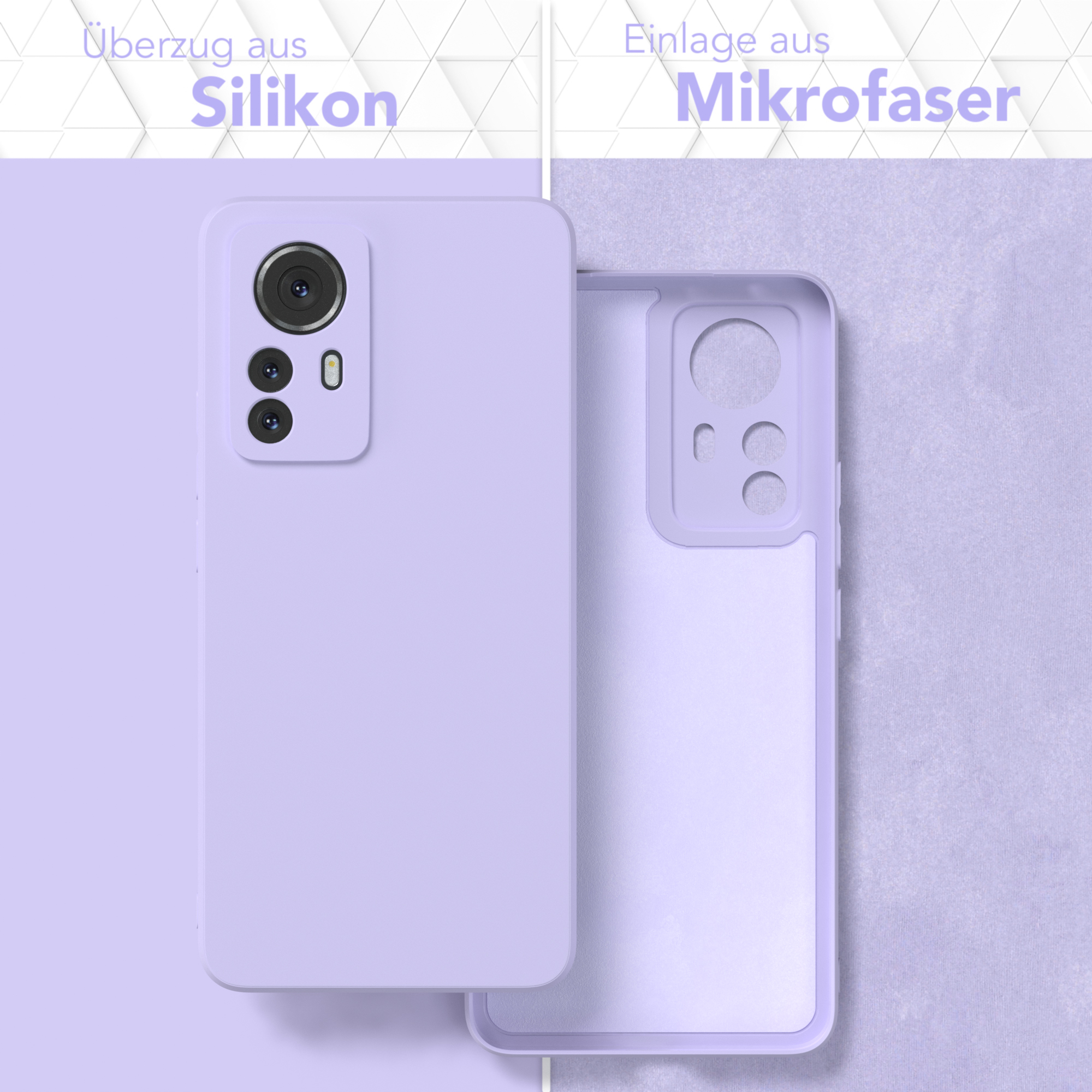 Zwei Teile einer Handyhülle, eines lila, eines weiß. Textdetails Silikonhülle und Mikrofaser.