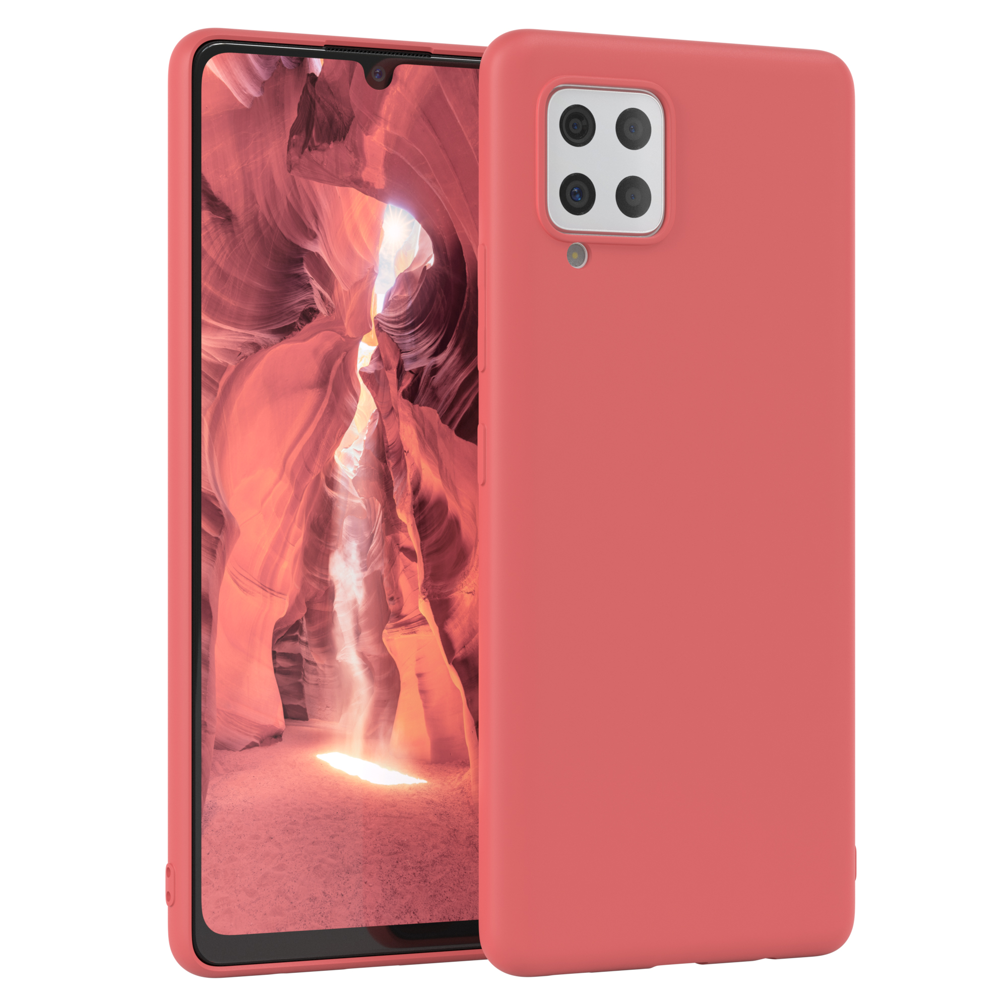 Korallenfarbene Handyhülle mit einem Telefon. Das Telefon zeigt eine orangefarbene Canyon-Szene mit vier Kameralinsen.