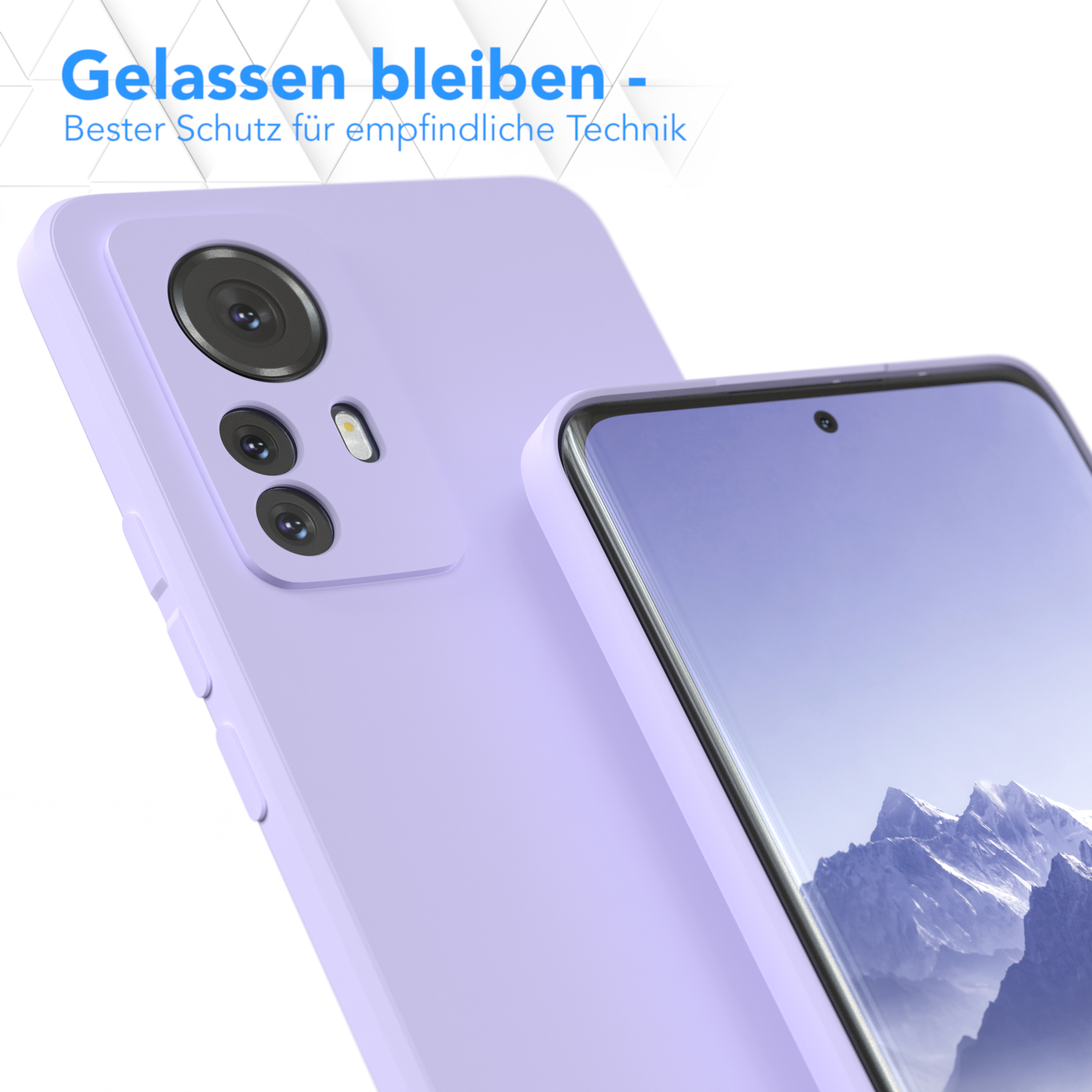Zwei lila Handyhüllen, eine im Fokus. Text oben: 'Entspannen Sie sich, Bester Schutz für empfindliche Technik'.